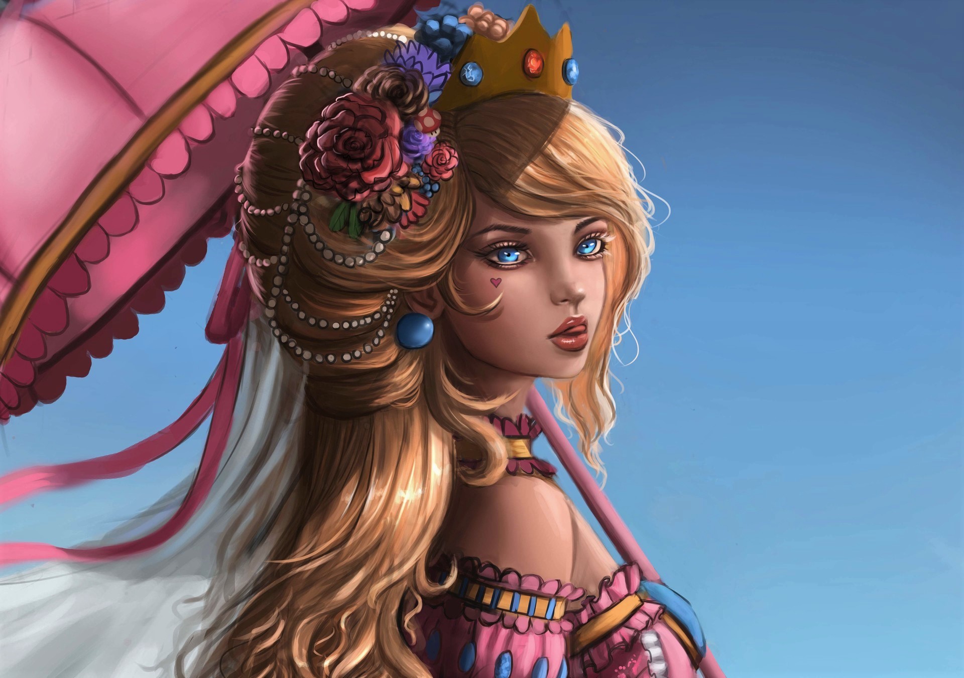 Laden Sie das Fantasie, Blume, Krone, Regenschirm, Frauen, Blaue Augen, Blondinen-Bild kostenlos auf Ihren PC-Desktop herunter