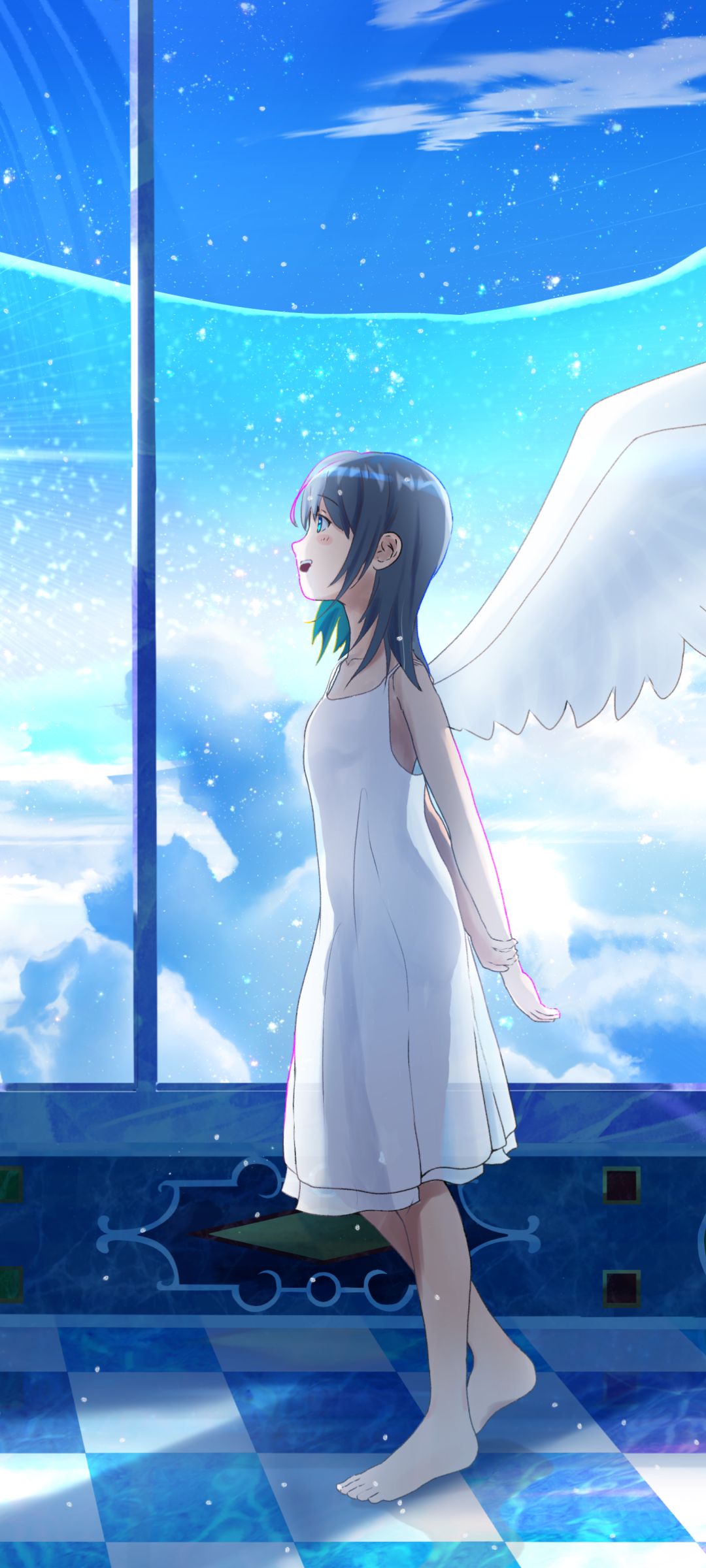 Download mobile wallpaper Anime, Wings, Angel, Blue Eyes, Feet, Black Hair for free.