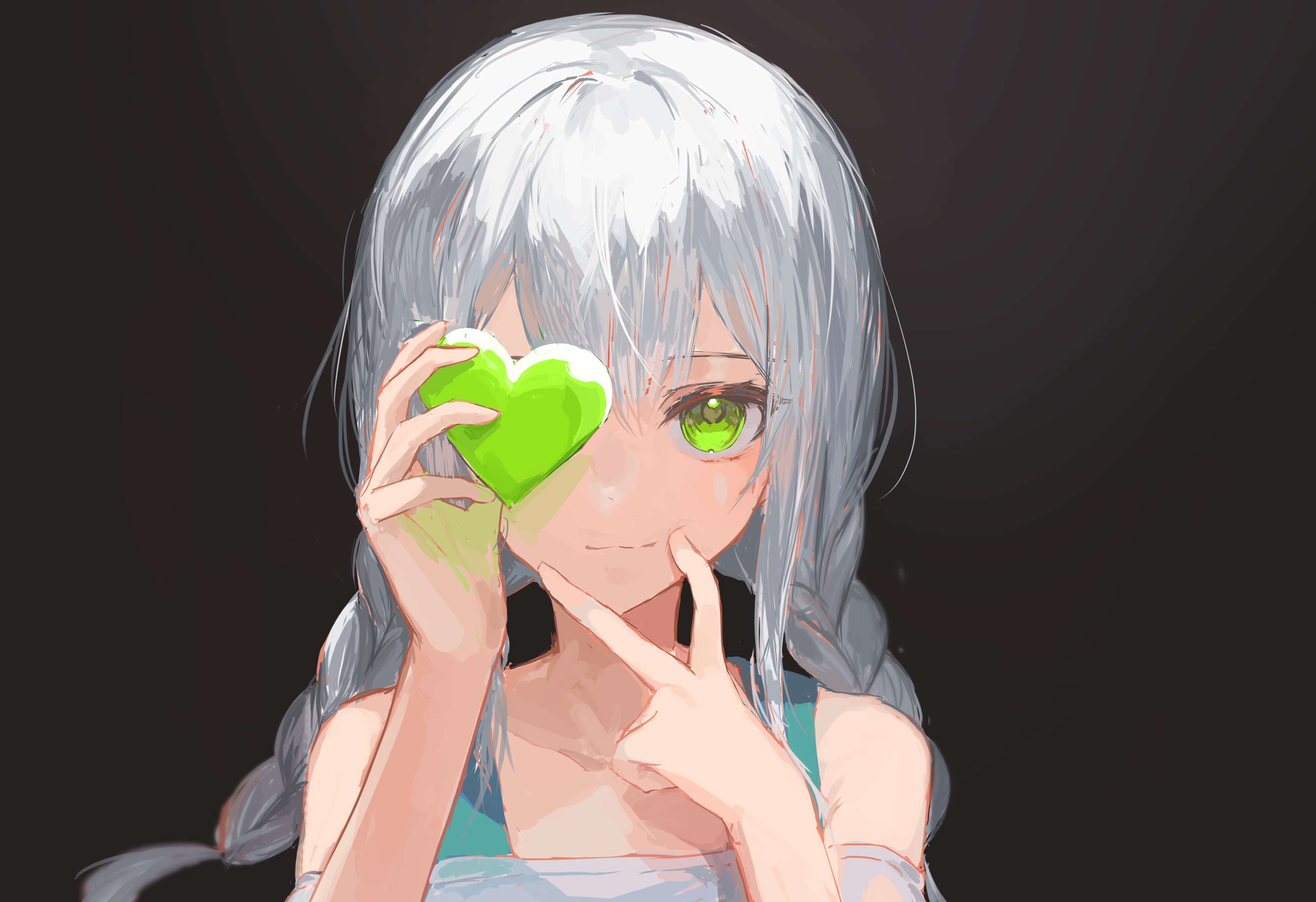 Free download wallpaper Anime, Girl, Heart, Green Eyes, Grey Hair on your PC desktop