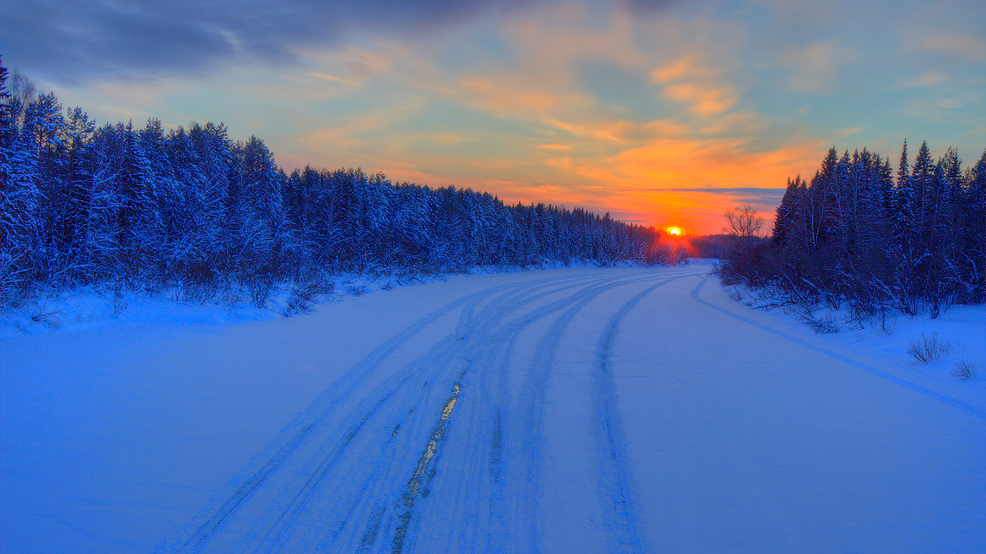Download mobile wallpaper Winter, Sunset, Snow, Road, Earth for free.