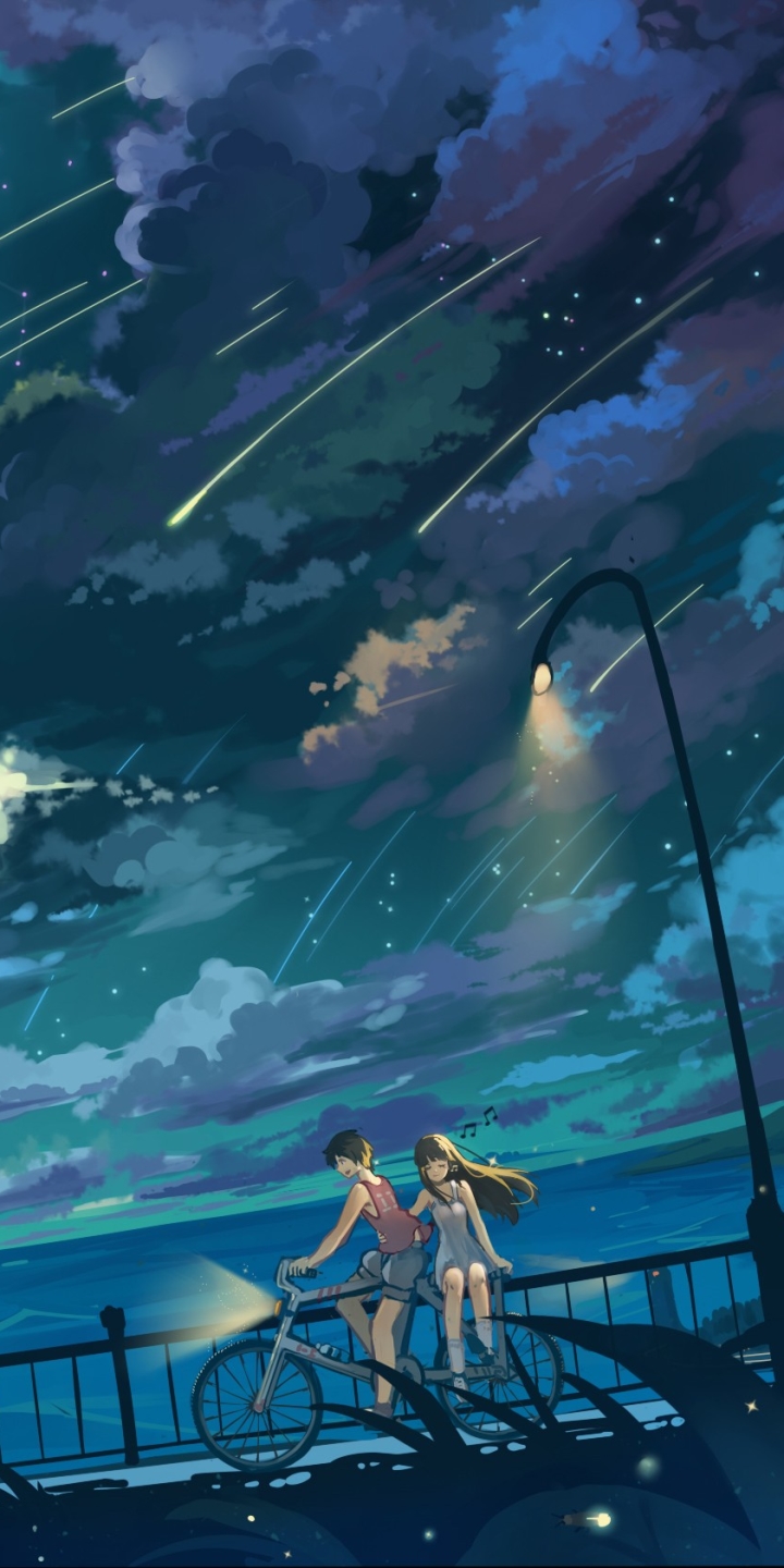 Download mobile wallpaper Anime, Water, Sky, Horizon, Couple, Cloud, Bicycle for free.