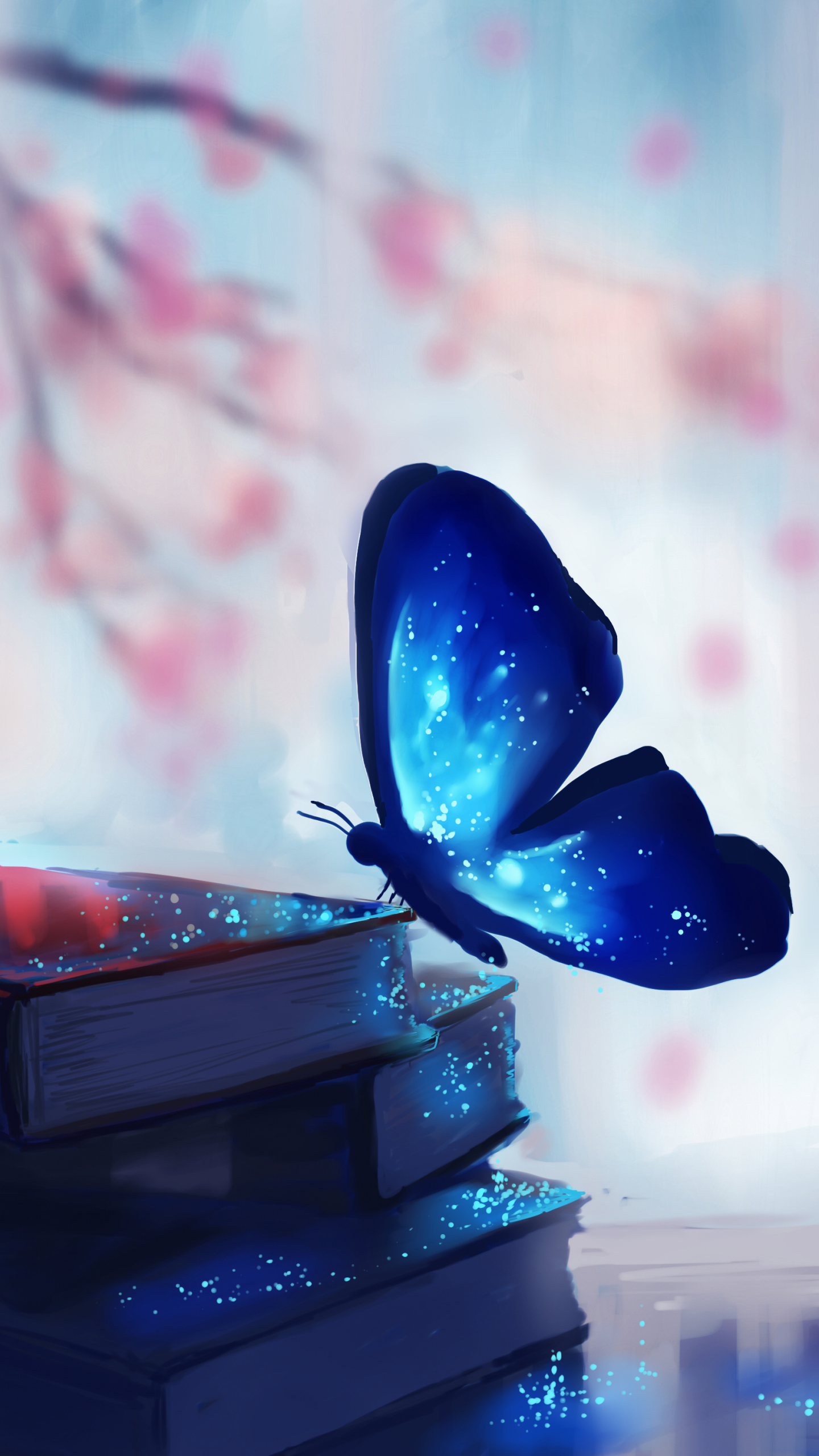 Download mobile wallpaper Fantasy, Shadow, Butterfly, Book, Artistic, Glitter, Blossom for free.