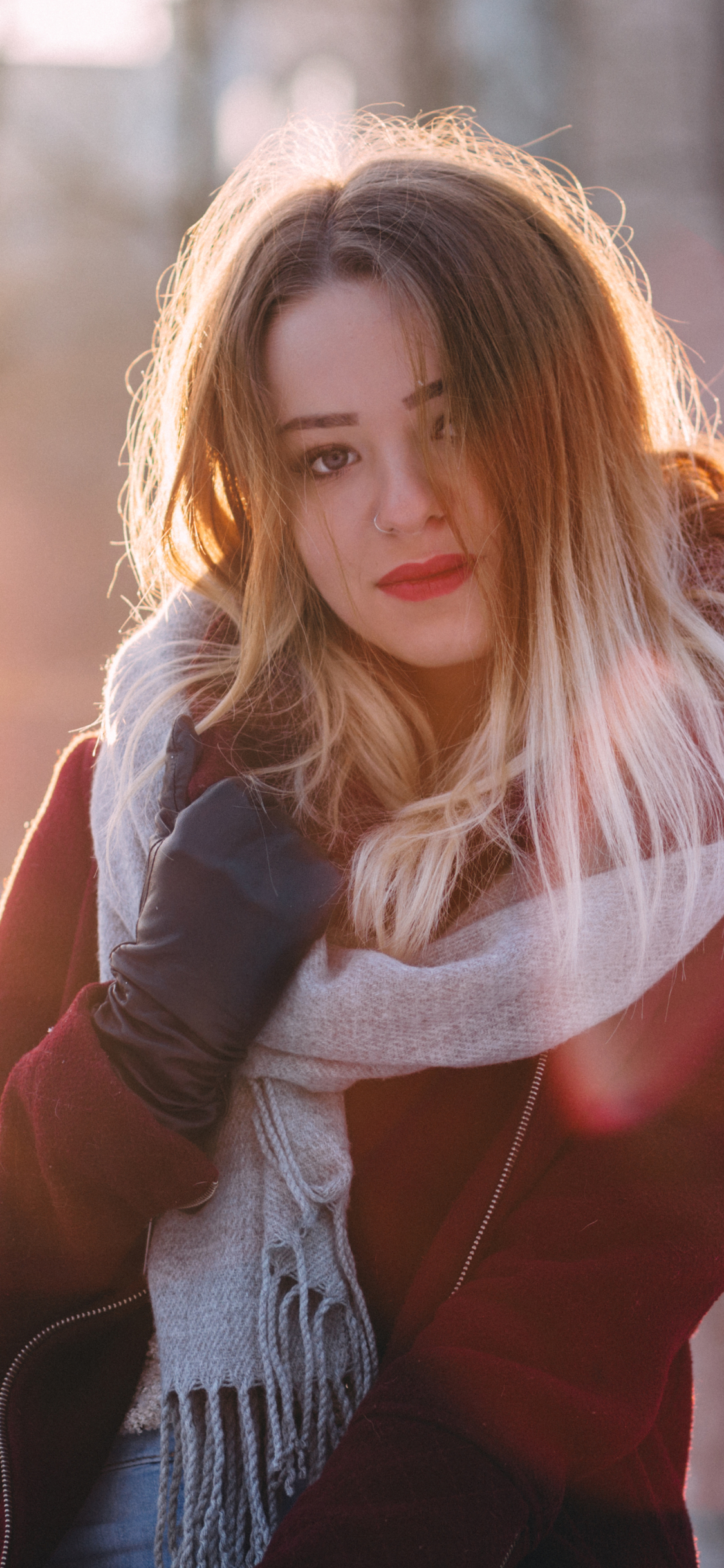 Download mobile wallpaper Winter, Blonde, Model, Women, Scarf, Lipstick, Depth Of Field for free.