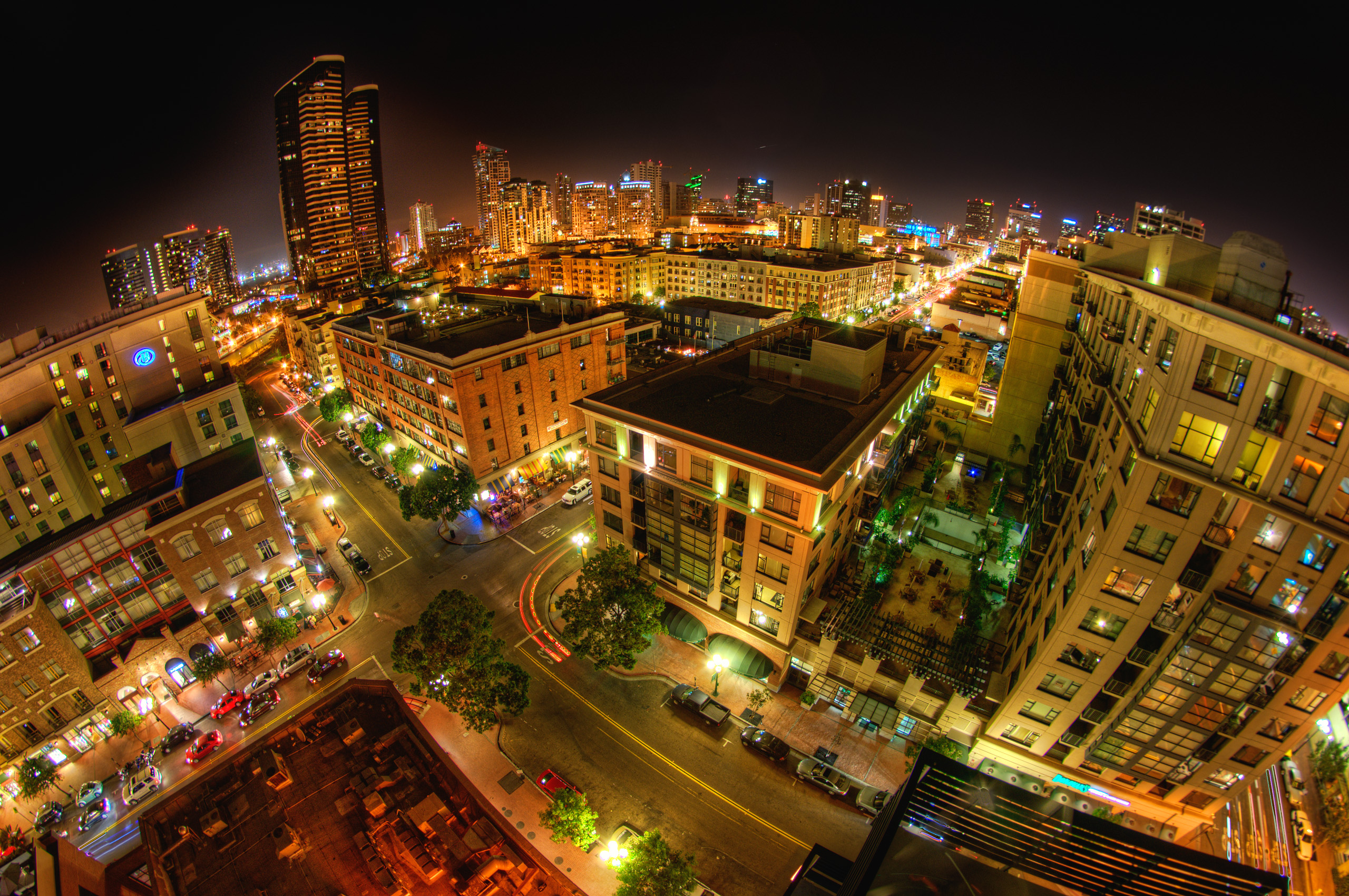 Free download wallpaper Cities, Night, City, Building, Light, San Diego, Aerial, Man Made, Fisheye on your PC desktop