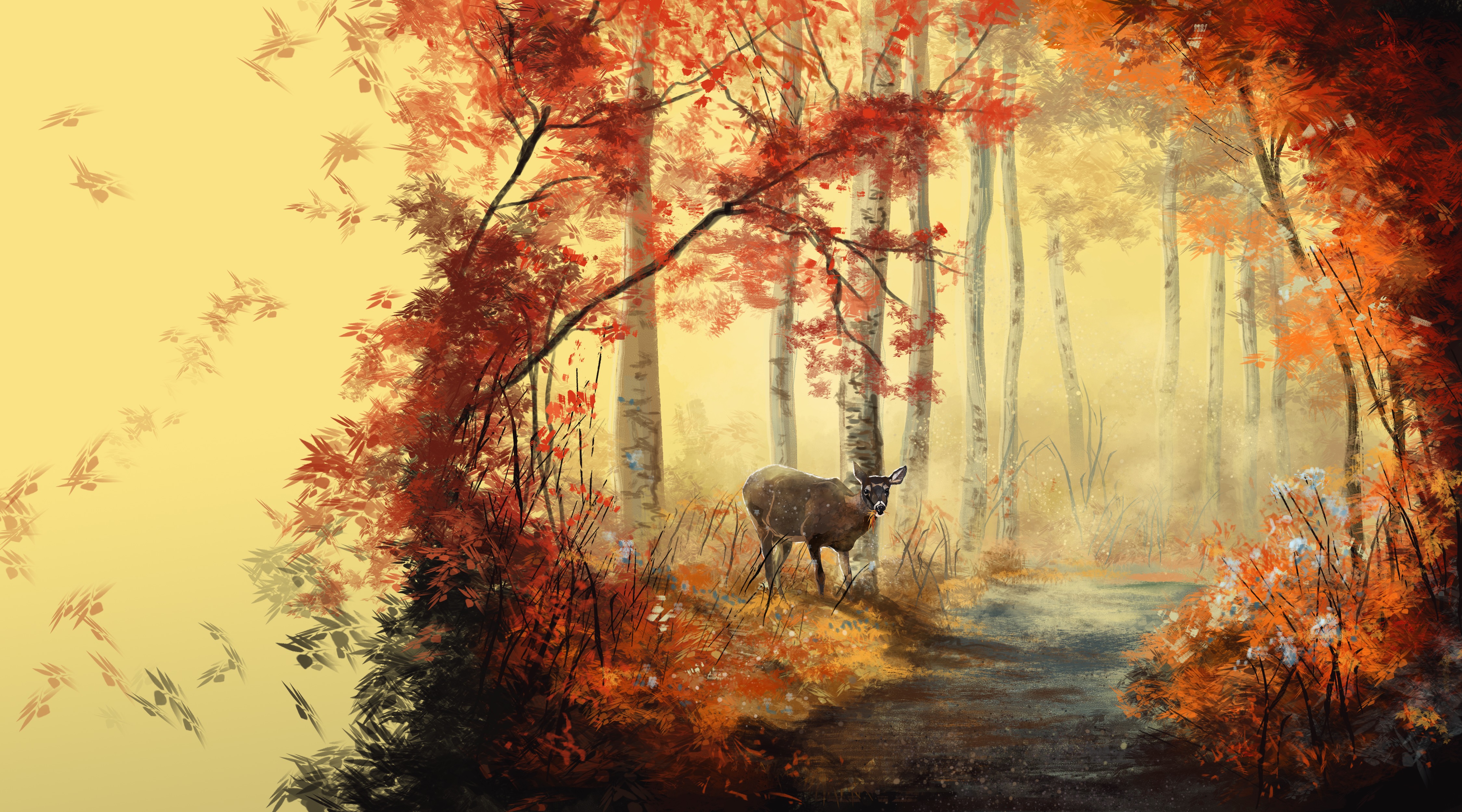 PCデスクトップに木, 鹿, 道, 森, ペインティング, 芸術的画像を無料でダウンロード