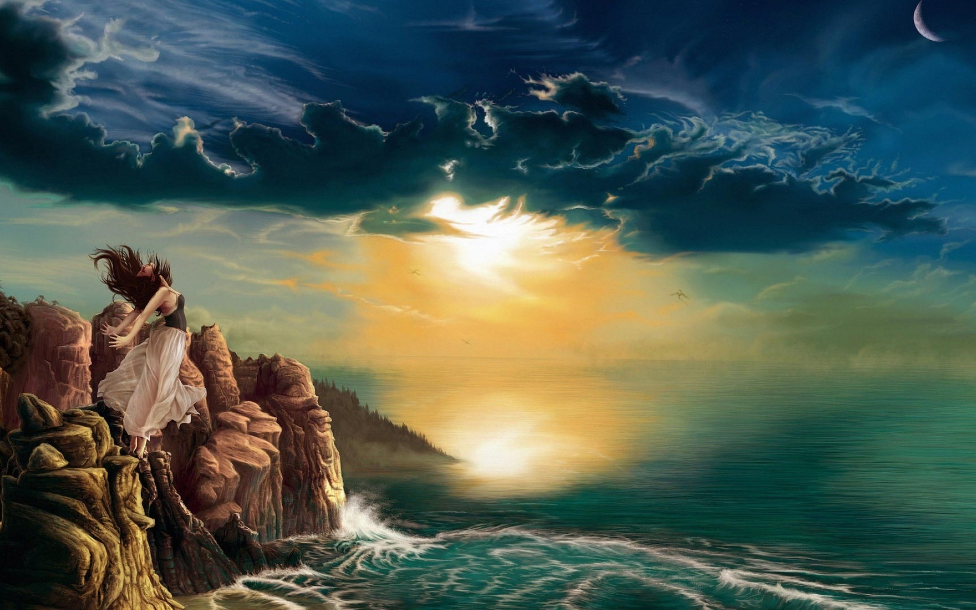 Laden Sie das Fantasie, Ozean, Klippe, Wolke, Welle, Brünette, Frauen, Sonne-Bild kostenlos auf Ihren PC-Desktop herunter