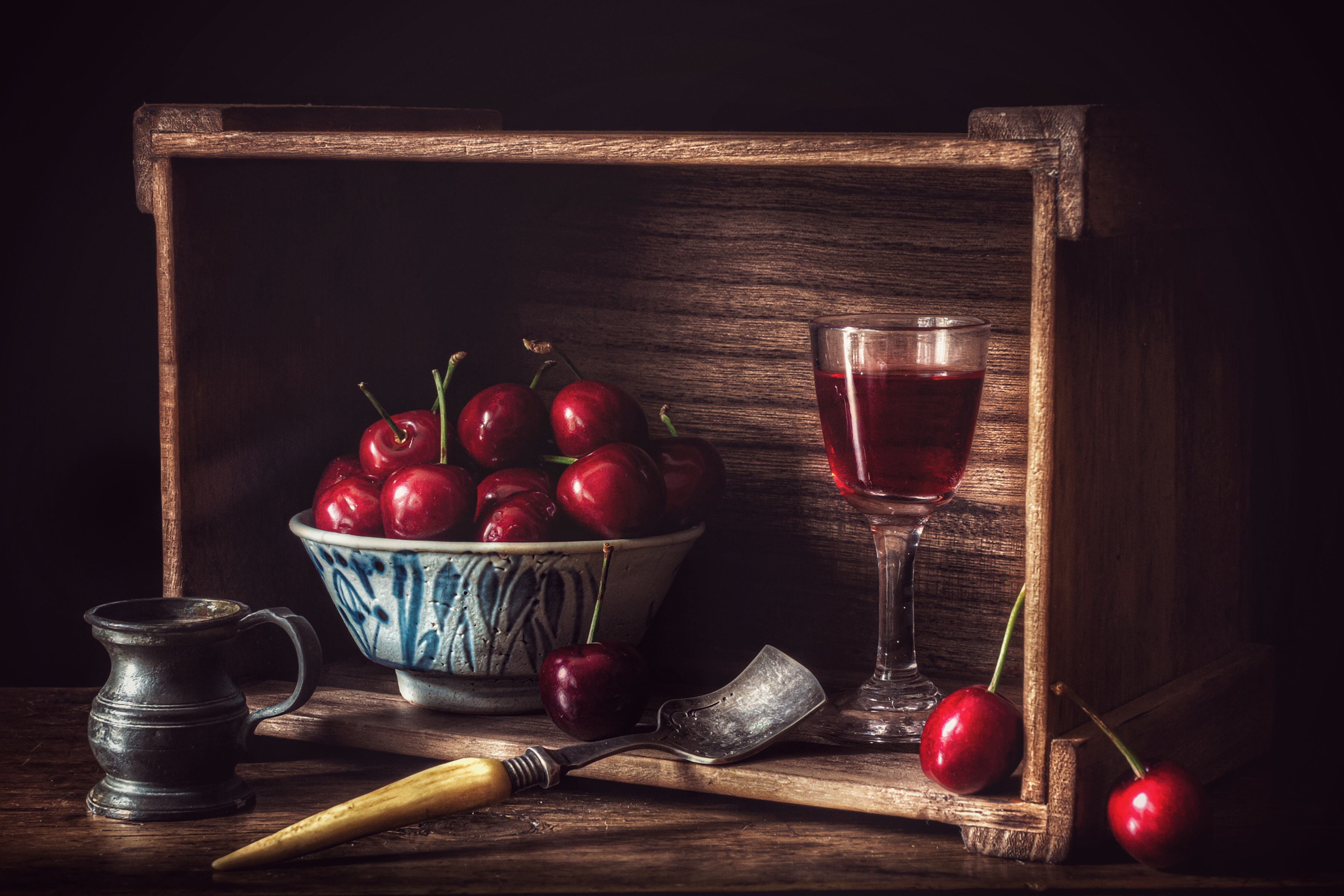 Download mobile wallpaper Cherry, Still Life, Glass, Fruit, Photography, Wine for free.