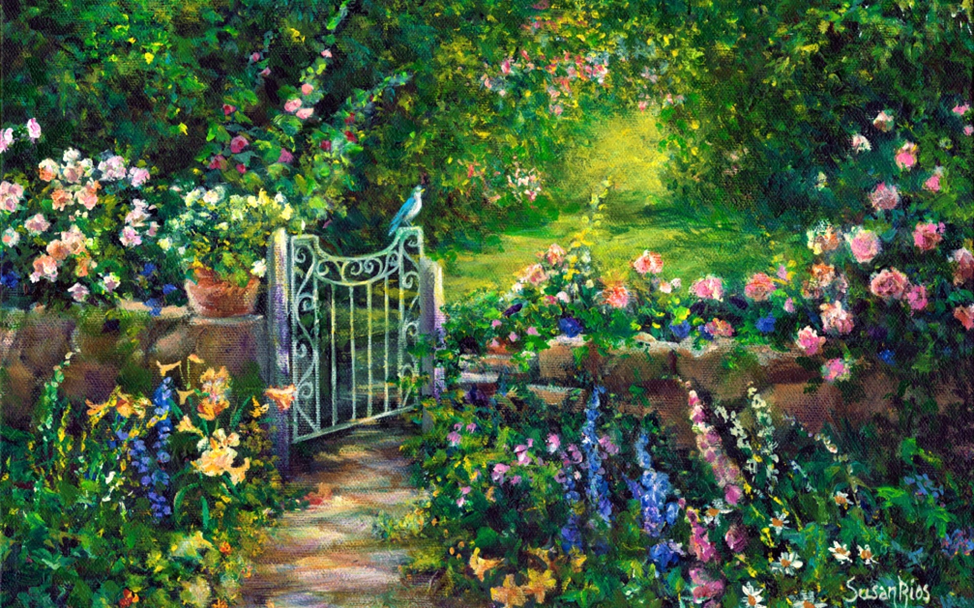 Free download wallpaper Flower, Bird, Garden, Painting, Spring, Artistic, Gate on your PC desktop