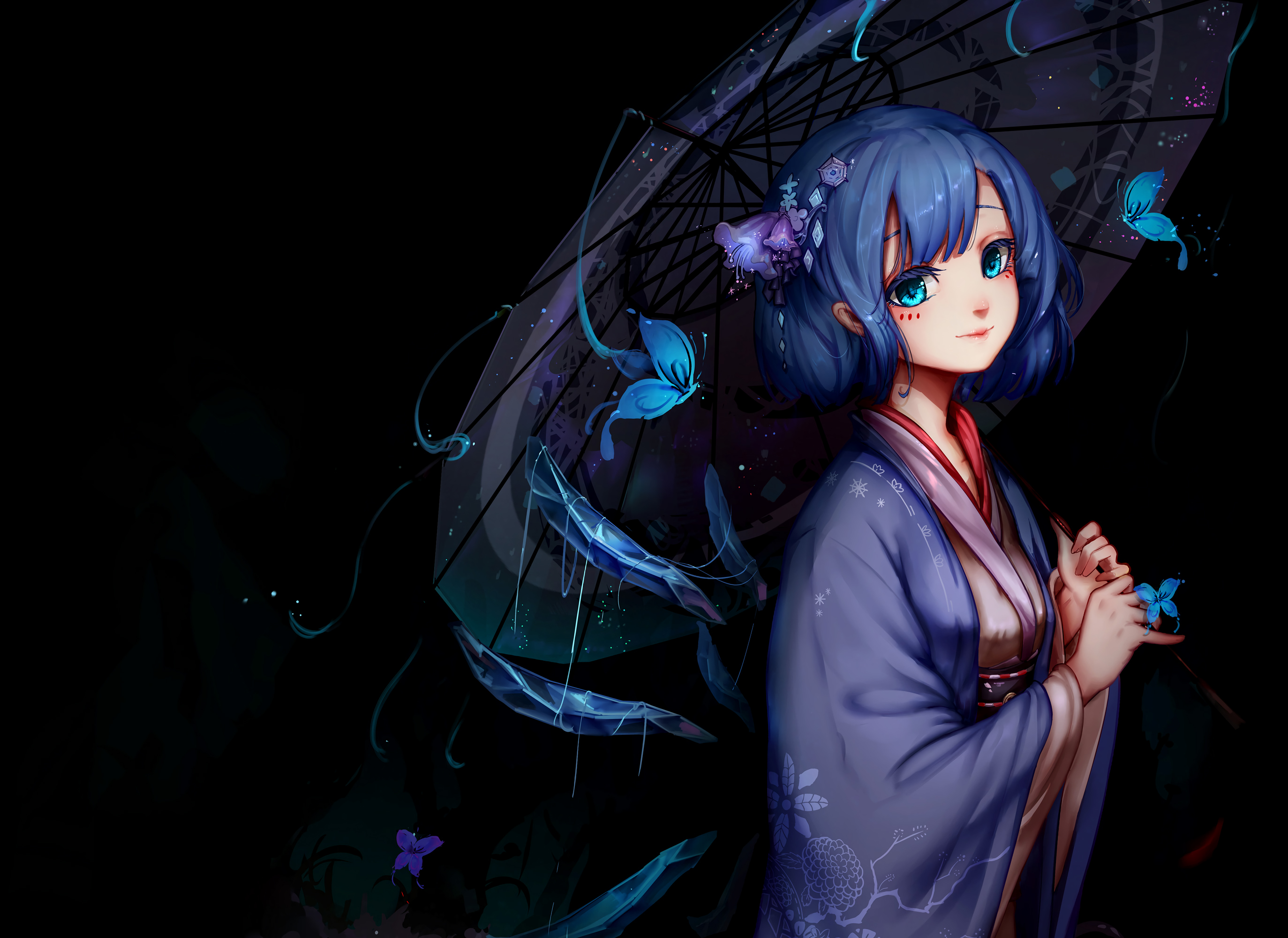 Laden Sie das Schmetterlinge, Regenschirm, Kimono, Blaue Haare, Animes, Tuhu, Kurzes Haar, Aqua Augen, Zirno (Touhou)-Bild kostenlos auf Ihren PC-Desktop herunter