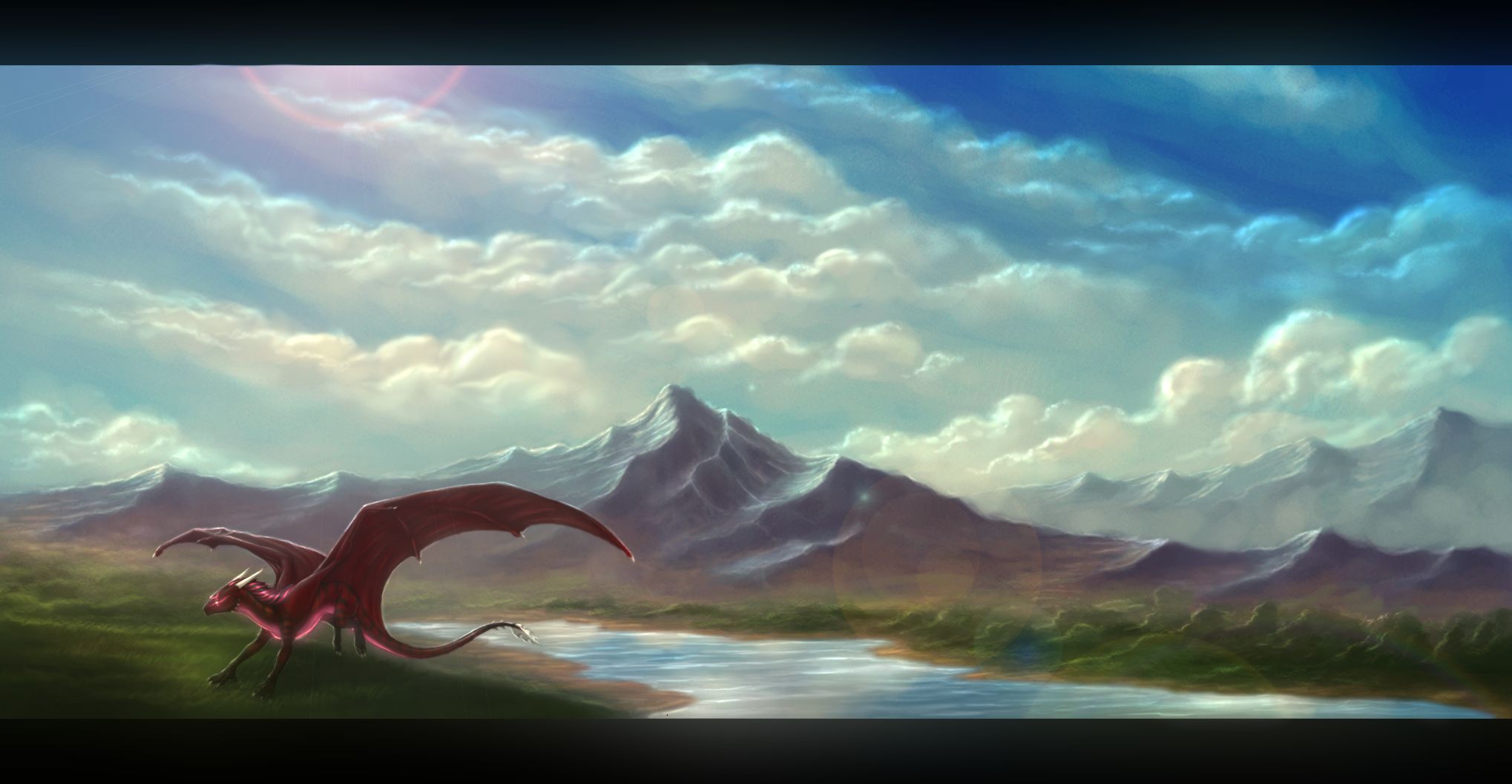 Download mobile wallpaper Landscape, Fantasy, Mountain, Dragon, Painting for free.