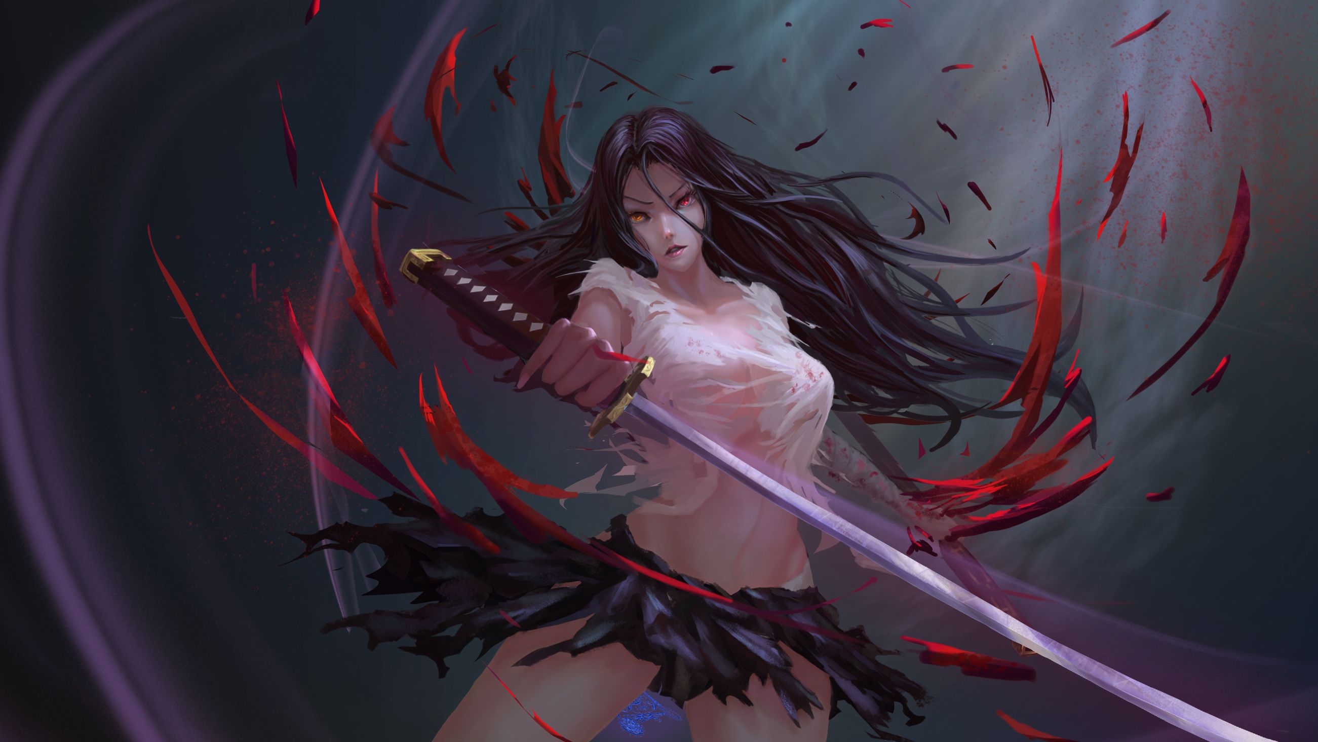 Free download wallpaper Anime, Blood, Dark, Skirt, Sword, Original, Katana on your PC desktop