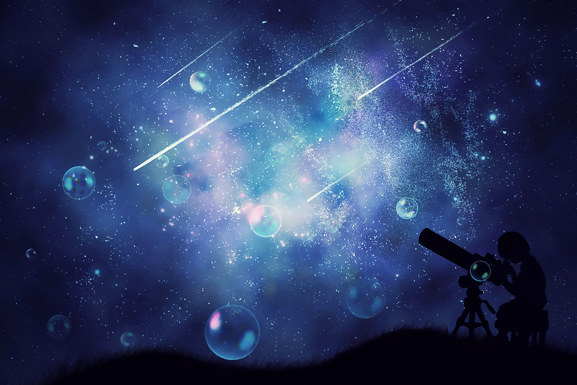 Скачать картинку Аниме, Звезды, Пузыри, Ночь, Комета в телефон бесплатно.