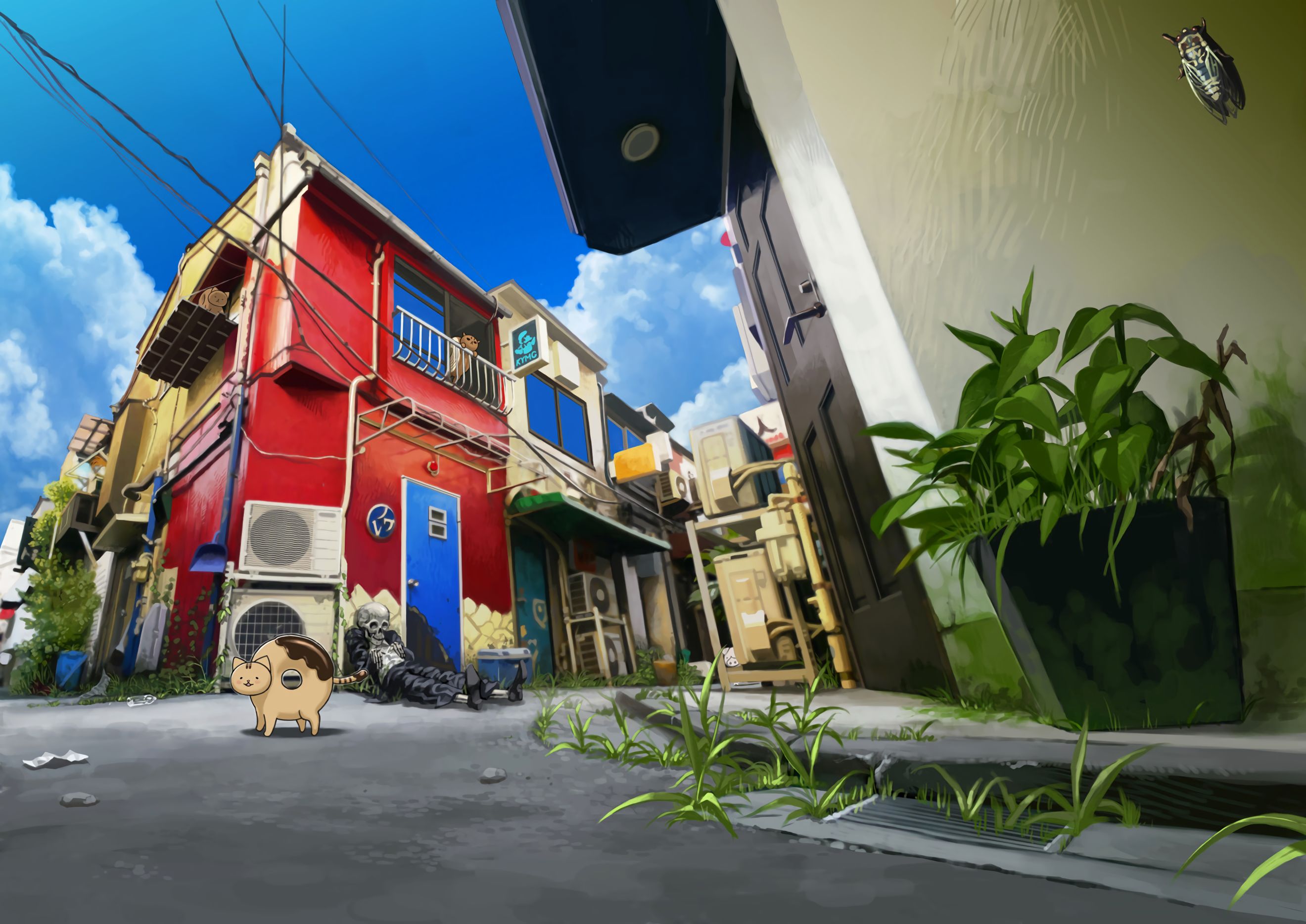 Free download wallpaper Anime, City, Cat, Skeleton, Post Apocalyptic, Donyatsu on your PC desktop