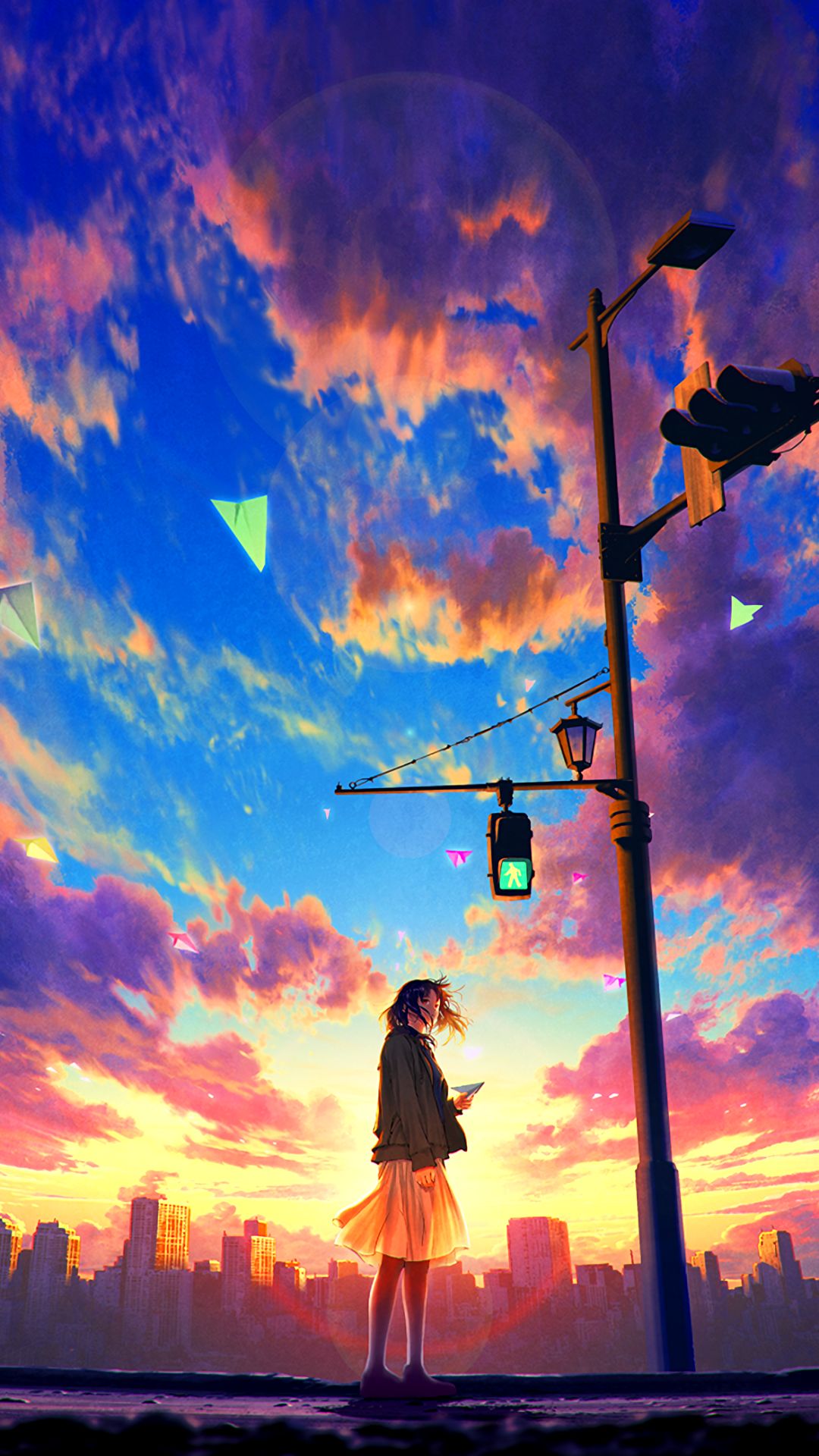 anime, original, city, traffic light, paper plane, sky, dawn
