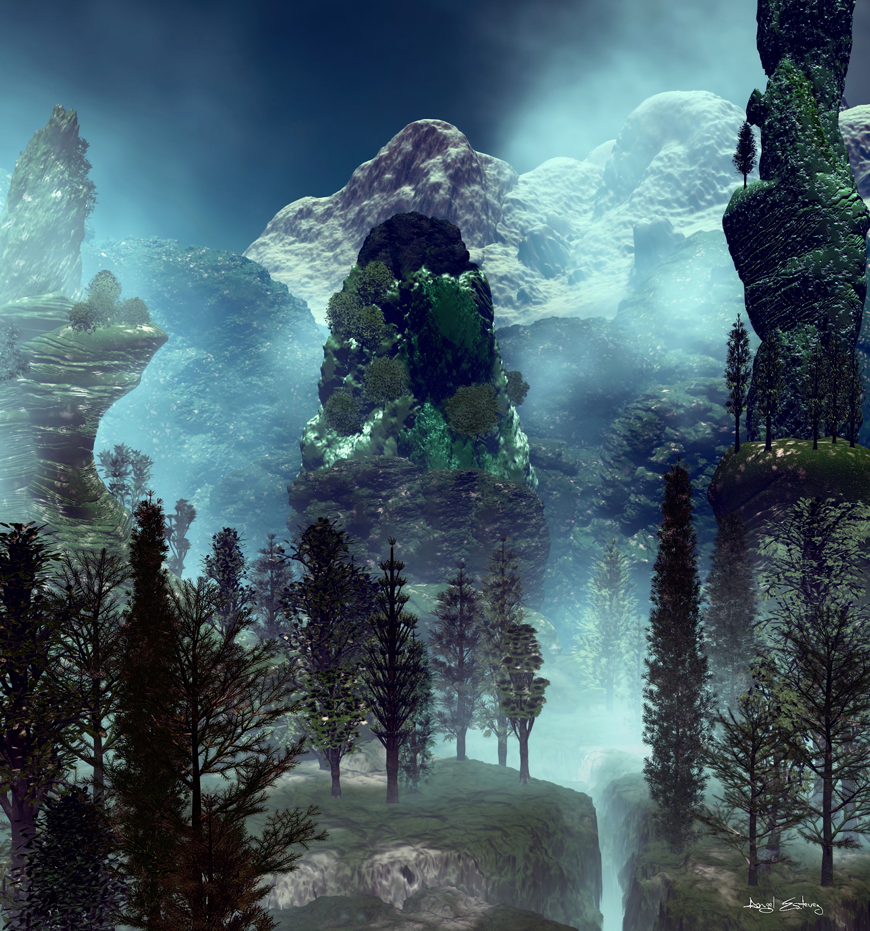 Free download wallpaper Trees, Mountains, Rocks, Art, Landscape on your PC desktop