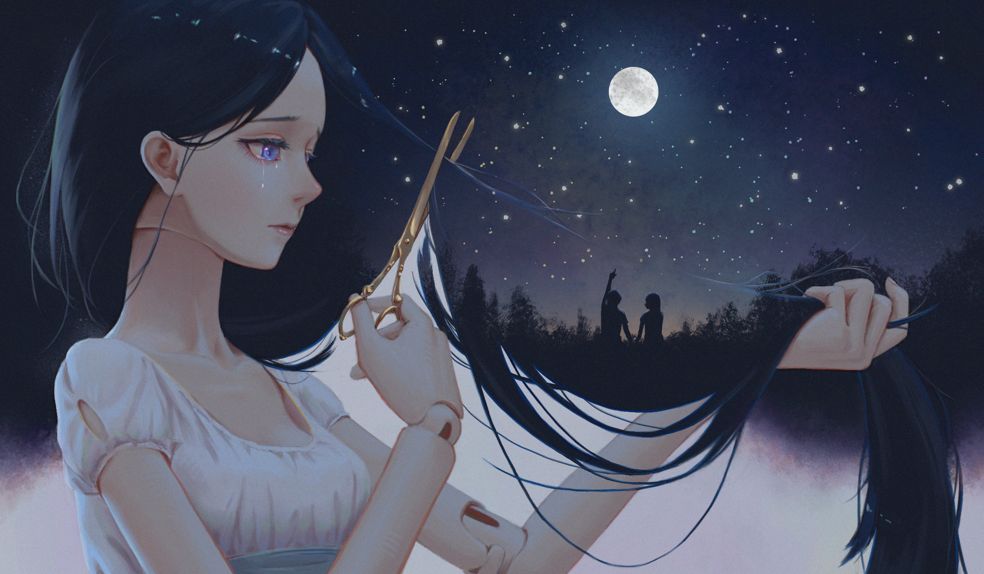 anime, original, black hair, blue eyes, doll, long hair, moon, scissors, silhouette, stars, tears