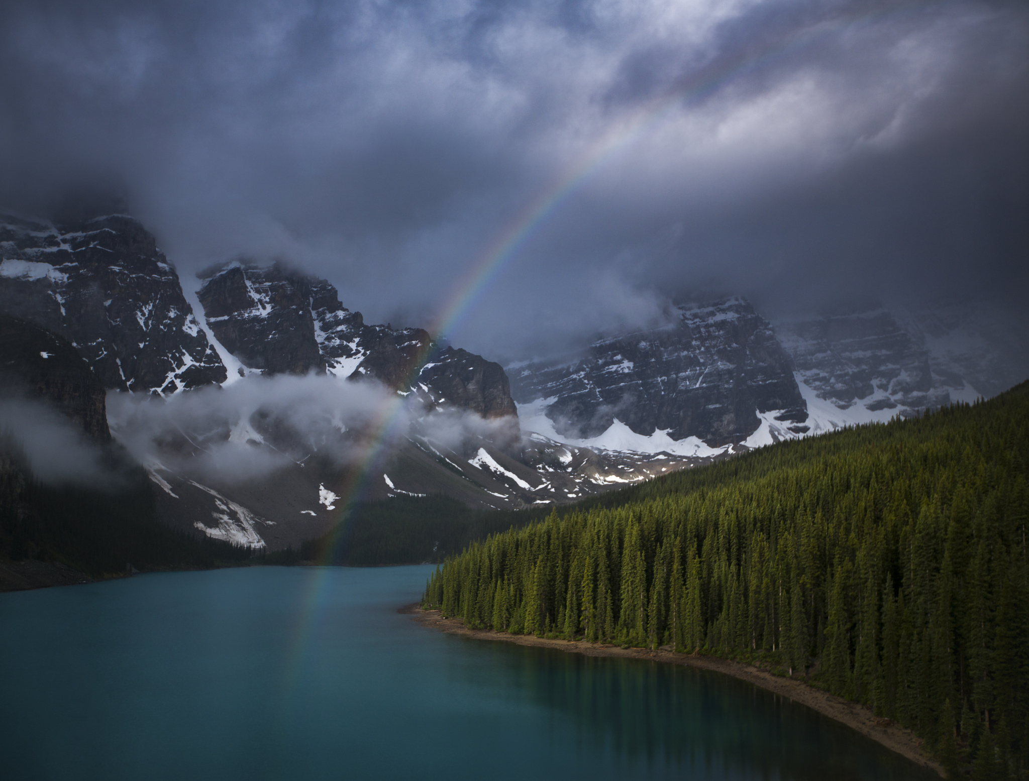 Download mobile wallpaper Nature, Lakes, Rainbow, Mountain, Lake, Canada, Forest, Earth, Cloud, Moraine Lake for free.