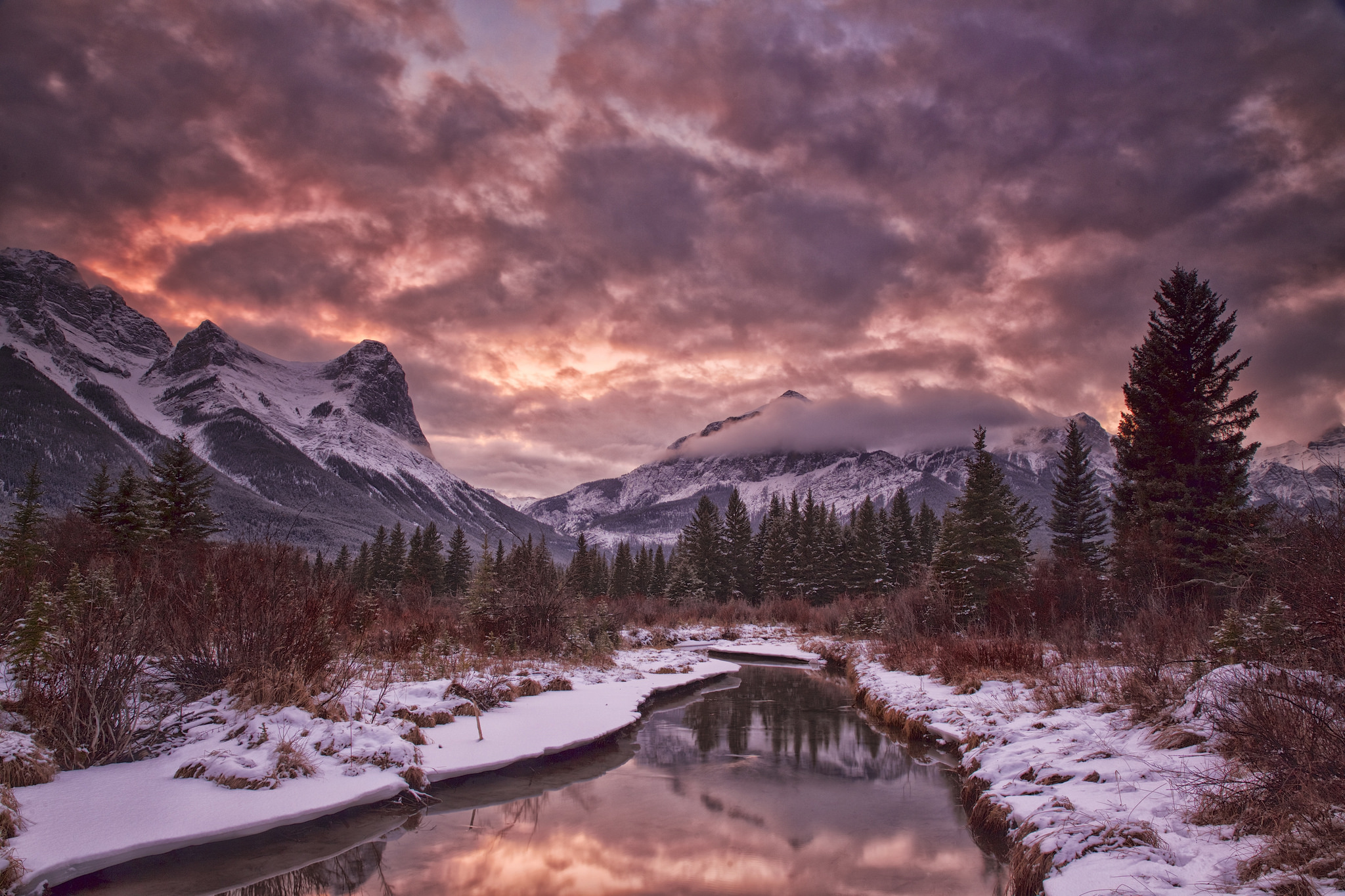 Download mobile wallpaper Landscape, Winter, Snow, Mountain, Tree, Earth, Cloud, River for free.