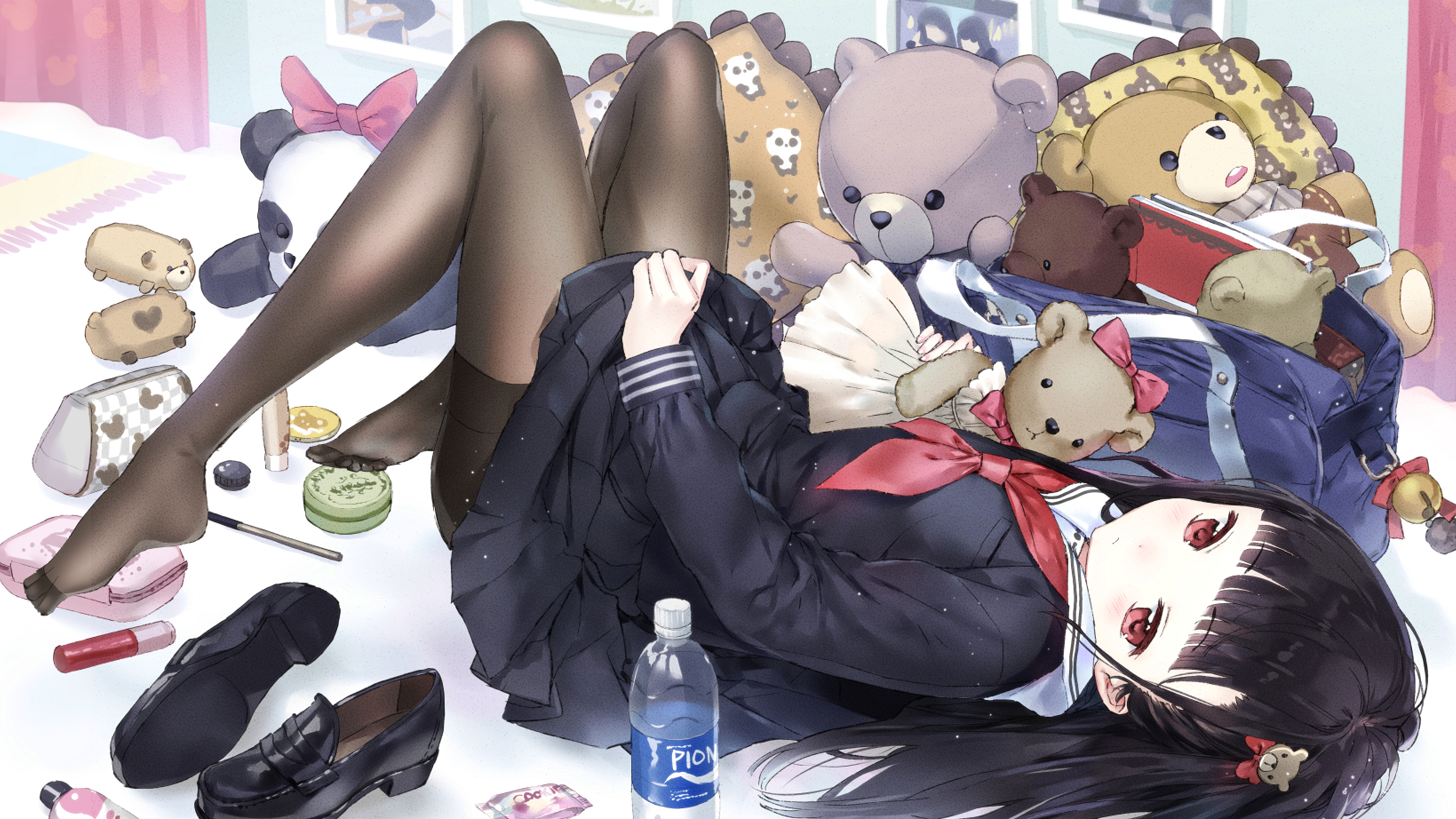 stuffed animal, anime, girl, bangs, black hair, long hair, lying down, pantyhose, skirt, teddy bear