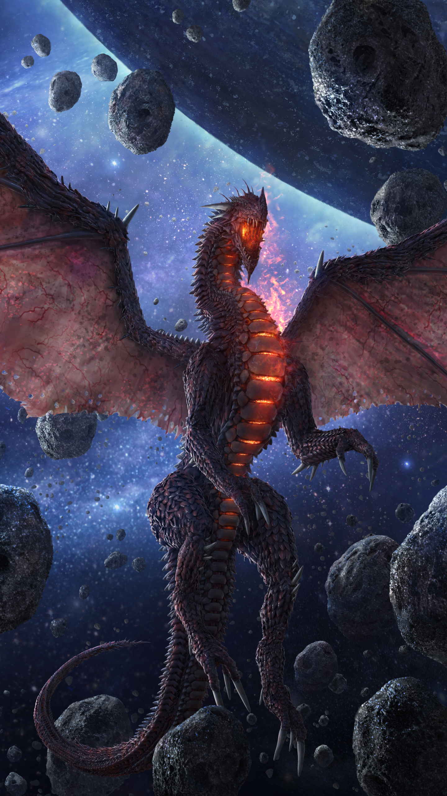 Download mobile wallpaper Fantasy, Space, Dragon, Asteroid for free.