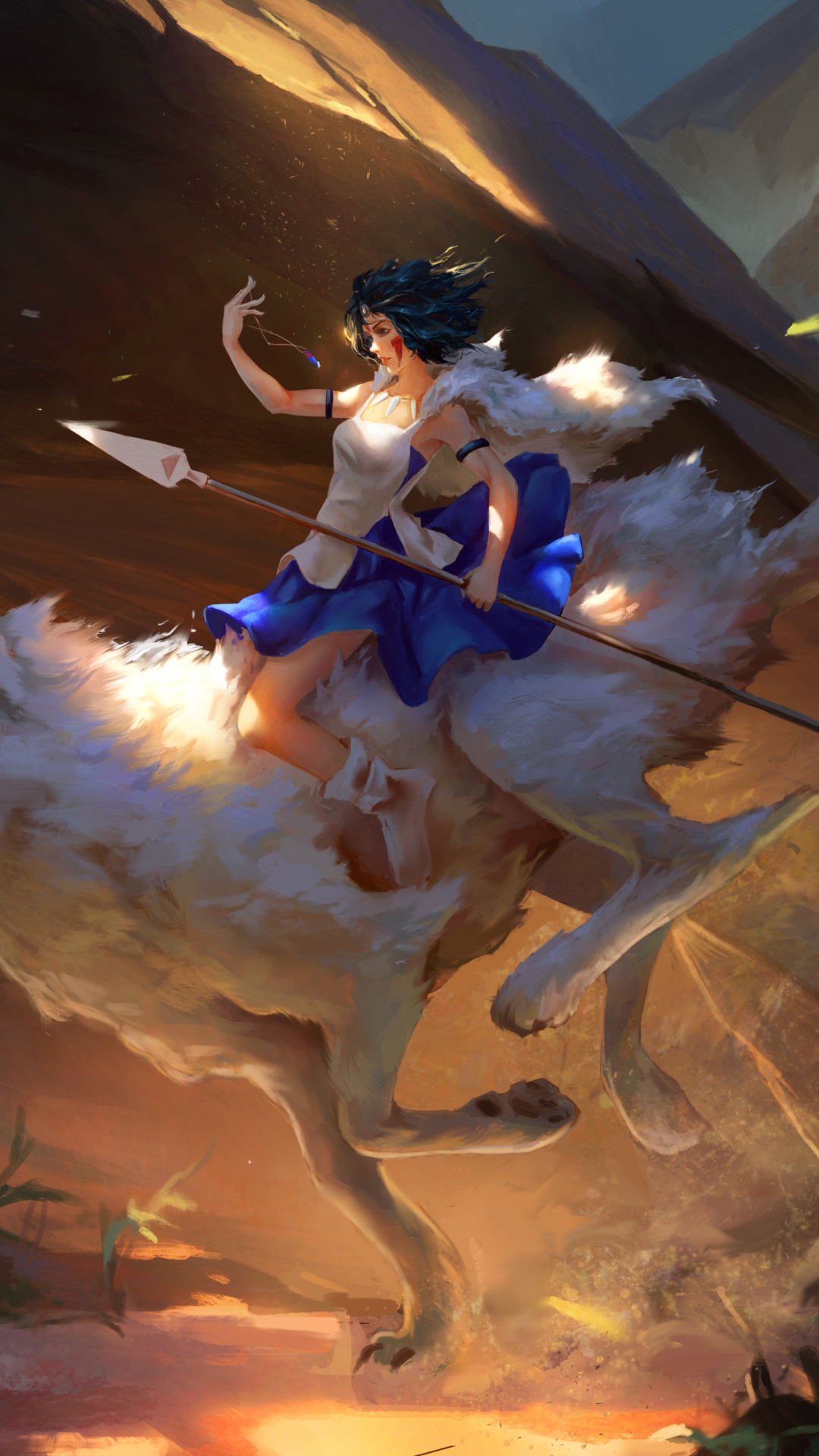 Download mobile wallpaper Anime, Wolf, Spear, Blue Hair, Short Hair, Woman Warrior, Princess Mononoke for free.