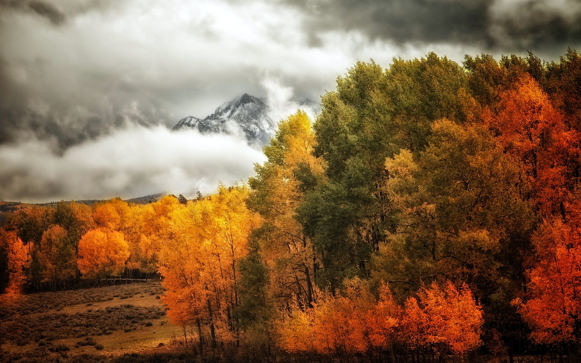 Скачать картинку Облака, Деревья, Горы, Пейзаж, Осень в телефон бесплатно.
