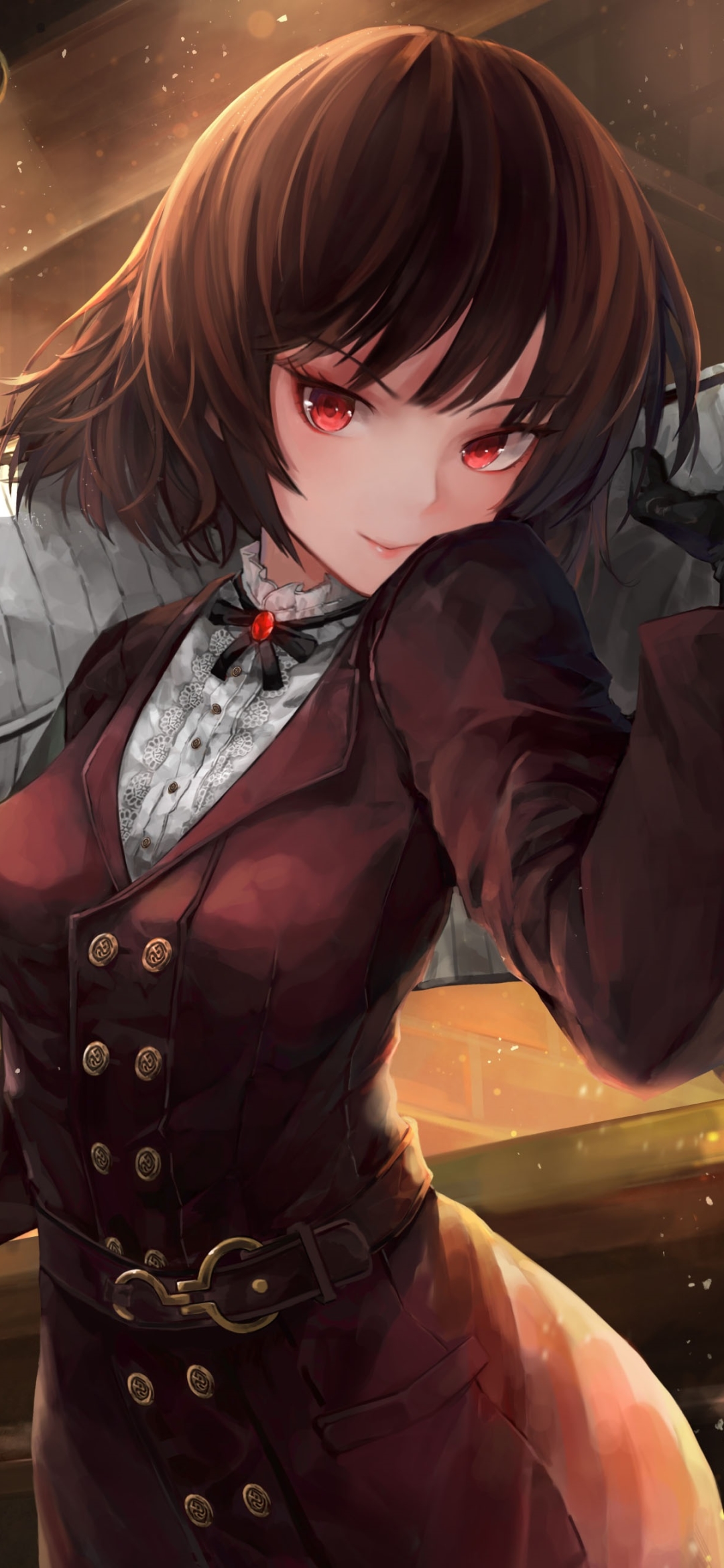 Download mobile wallpaper Anime, Smile, Coat, Original, Red Eyes, Brown Hair, Short Hair for free.