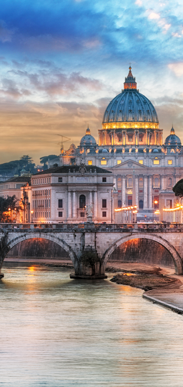 Download mobile wallpaper Cities, Italy, City, Bridge, River, Dome, Rome, Man Made for free.