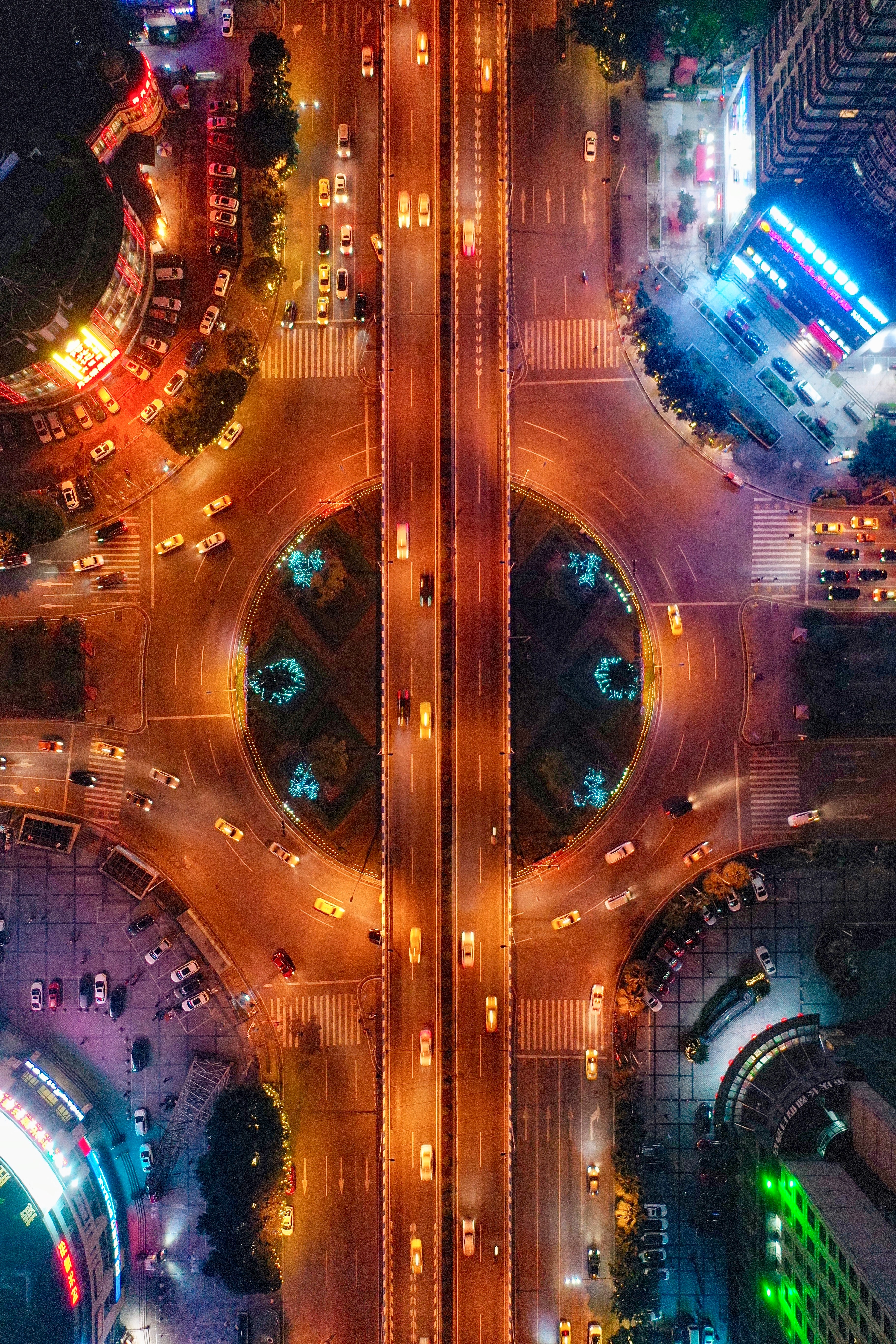 Download mobile wallpaper View From Above, Cities, Road, Auto, Neon for free.