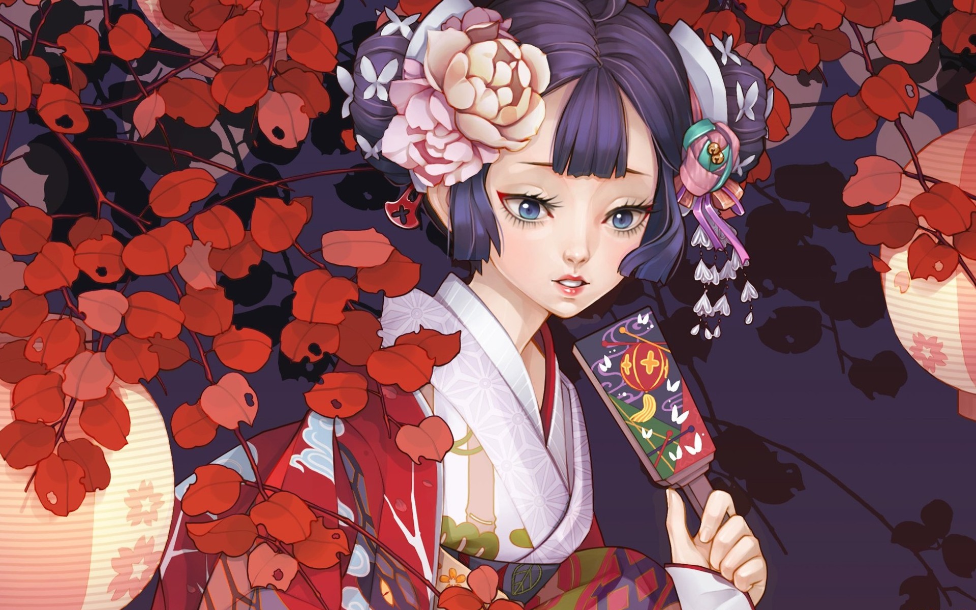 Laden Sie das Herbst, Blume, Kimono, Original, Animes-Bild kostenlos auf Ihren PC-Desktop herunter