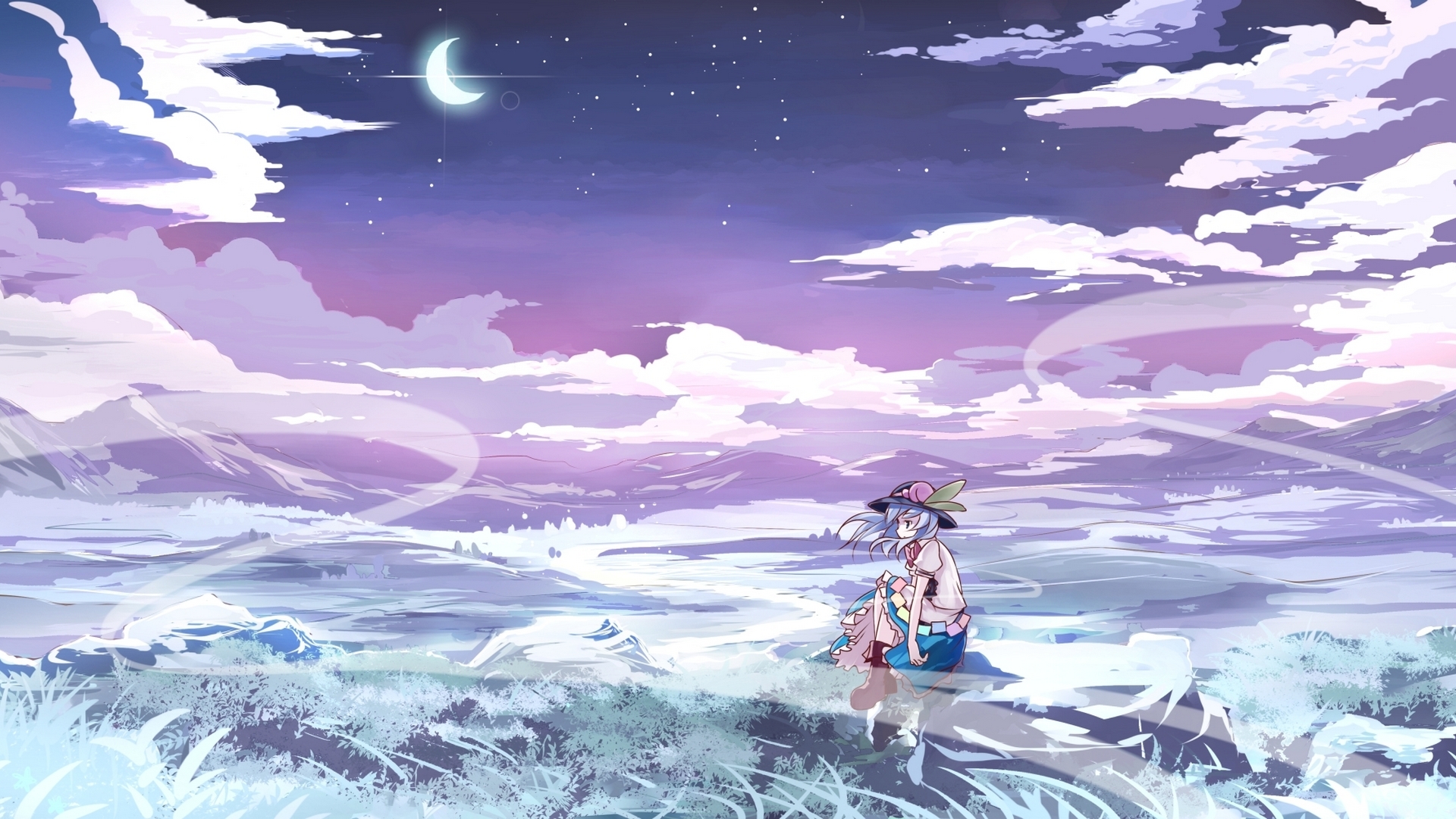 Free download wallpaper Anime, Moon, Cloud, Hat, Blue Hair, Video Game, Touhou, Tenshi Hinanawi, White Dress on your PC desktop