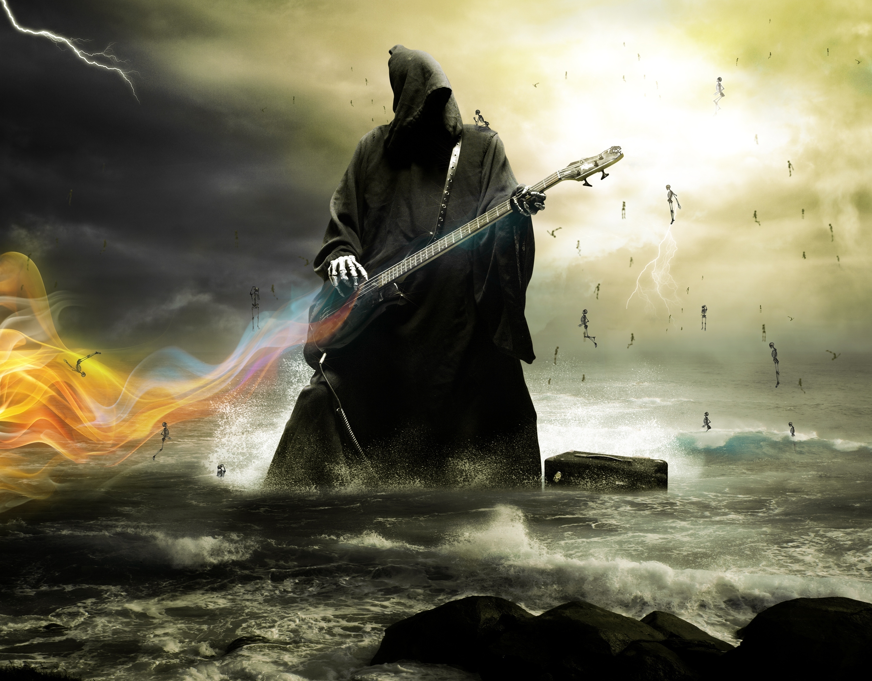 Download mobile wallpaper Water, Dark, Ocean, Guitar, Grim Reaper for free.