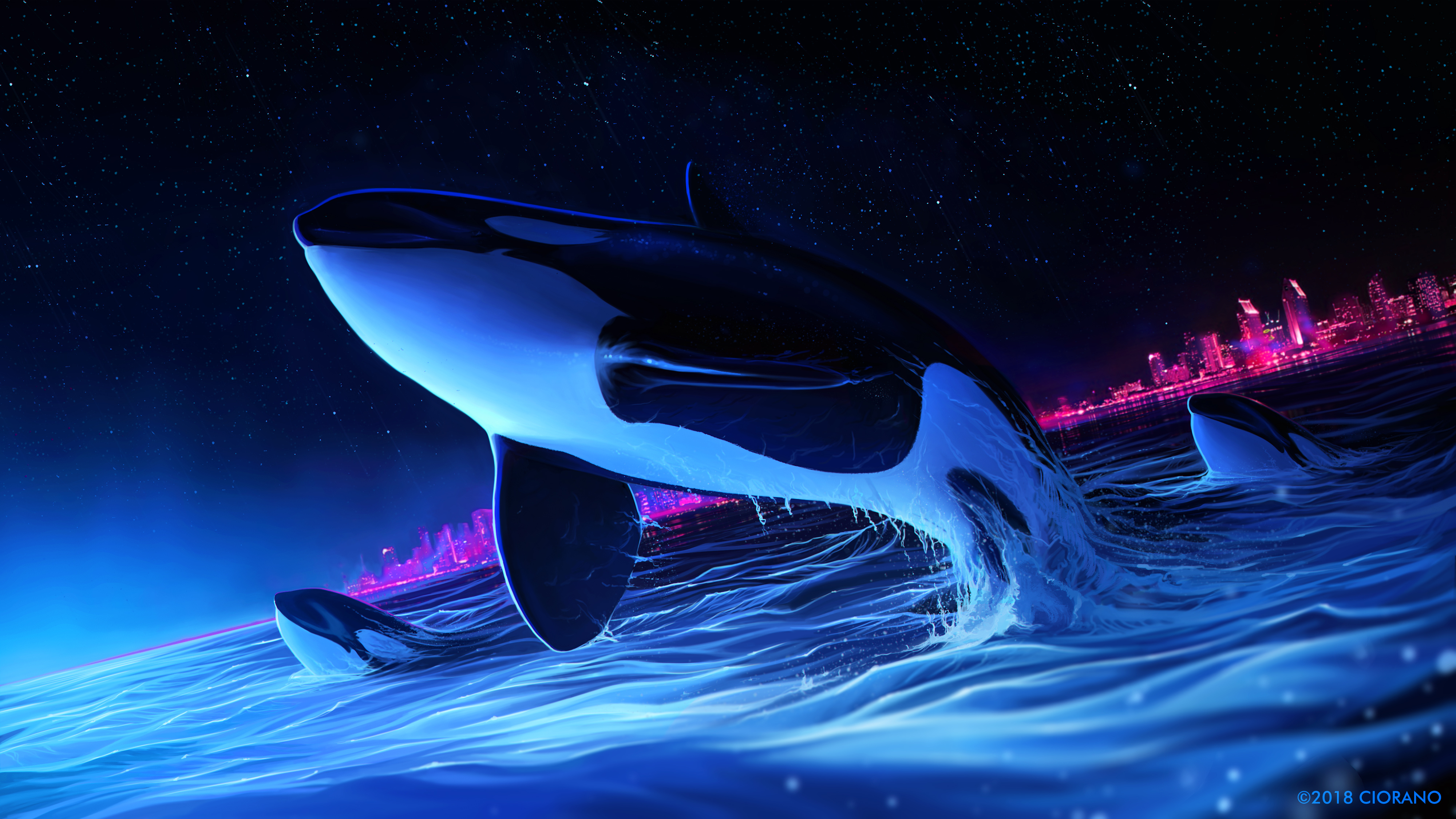 PCデスクトップにファンタジー, 鯨, 夜, ファンタジー動物画像を無料でダウンロード