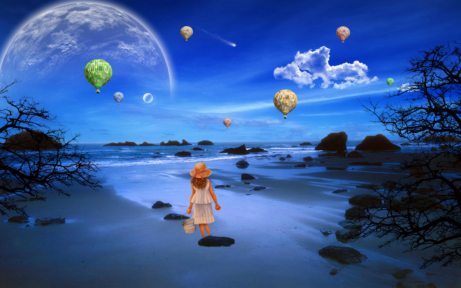 Free download wallpaper Fantasy, Beach, Tree, Ocean, Planet, Child, Hot Air Balloon, Little Girl on your PC desktop