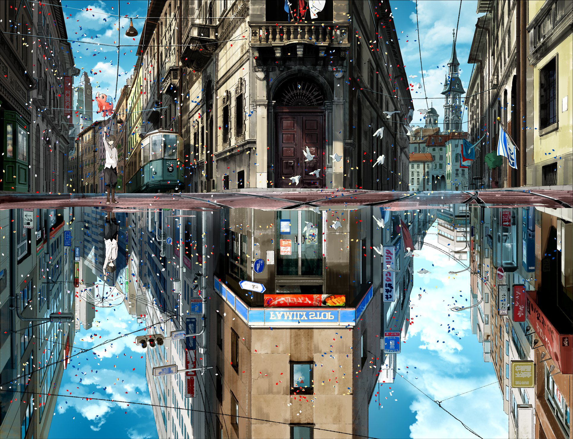 anime, city, building, reflection