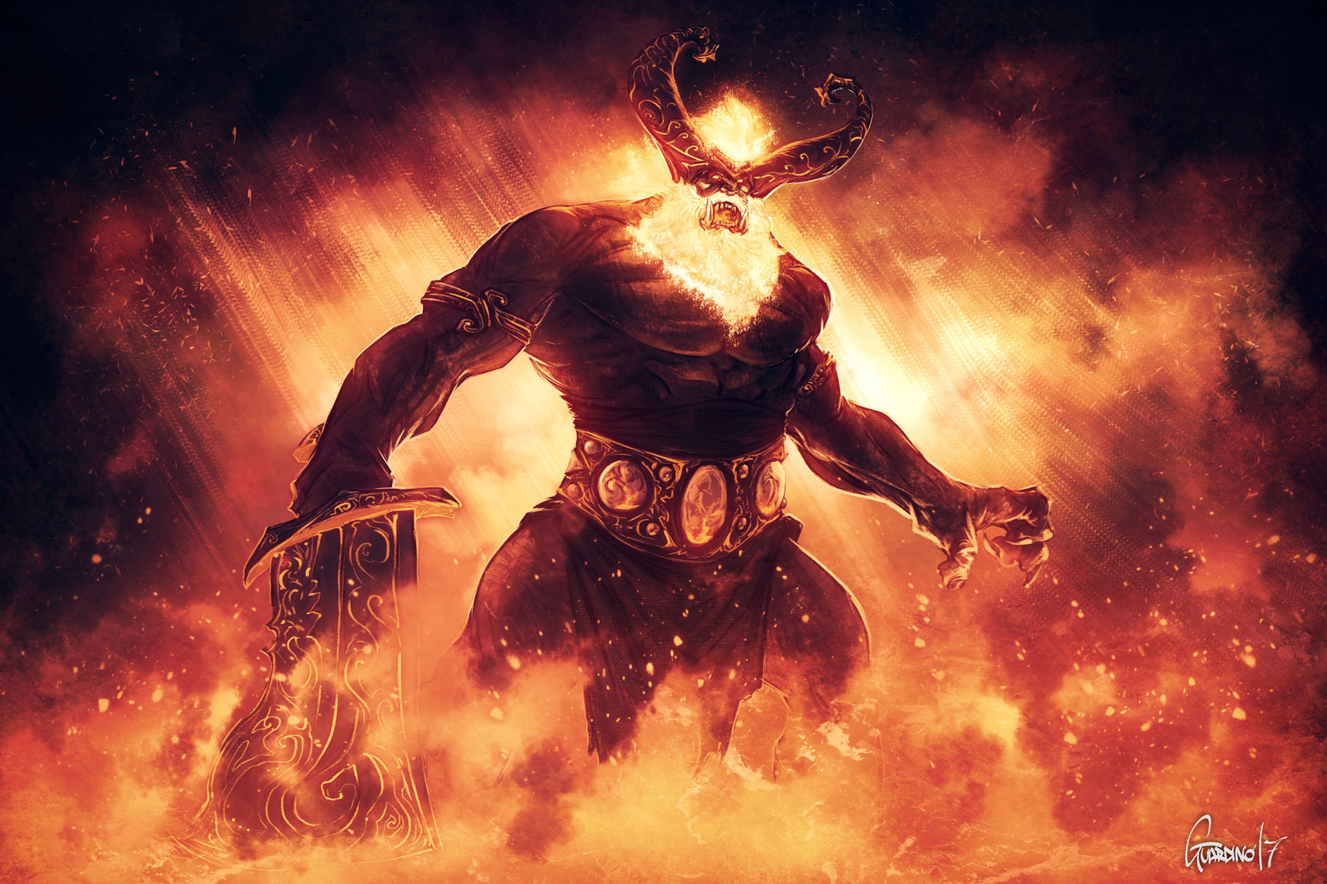 Free download wallpaper Fantasy, Flame, Horns, Sword, God, Gods on your PC desktop