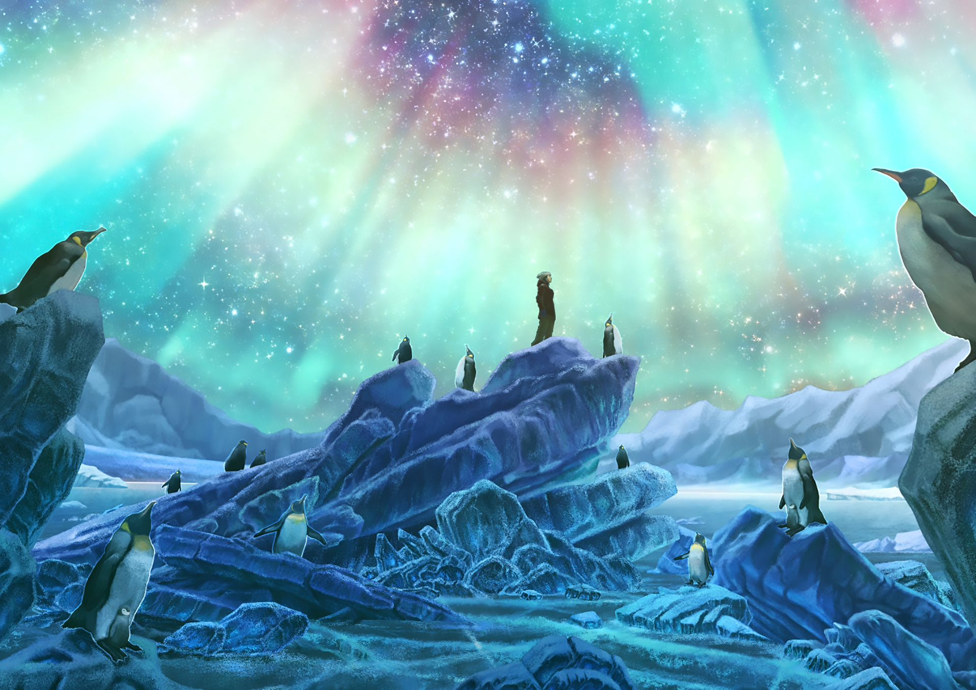Download mobile wallpaper Anime, Stars, Night, Aurora Borealis, Penguin, Original for free.