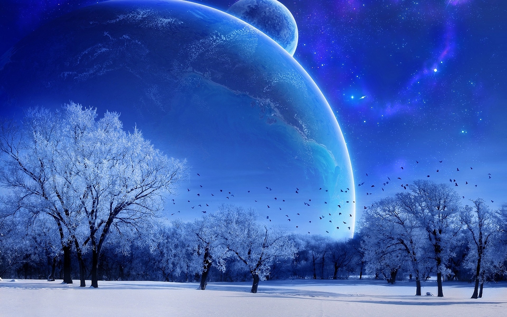 Free download wallpaper Landscape, Winter, Sky, Art, Planets on your PC desktop