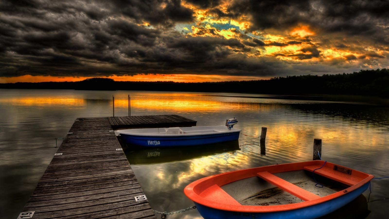Download mobile wallpaper Sunset, Sky, Lake, Pier, Boat, Cloud, River, Vehicles for free.