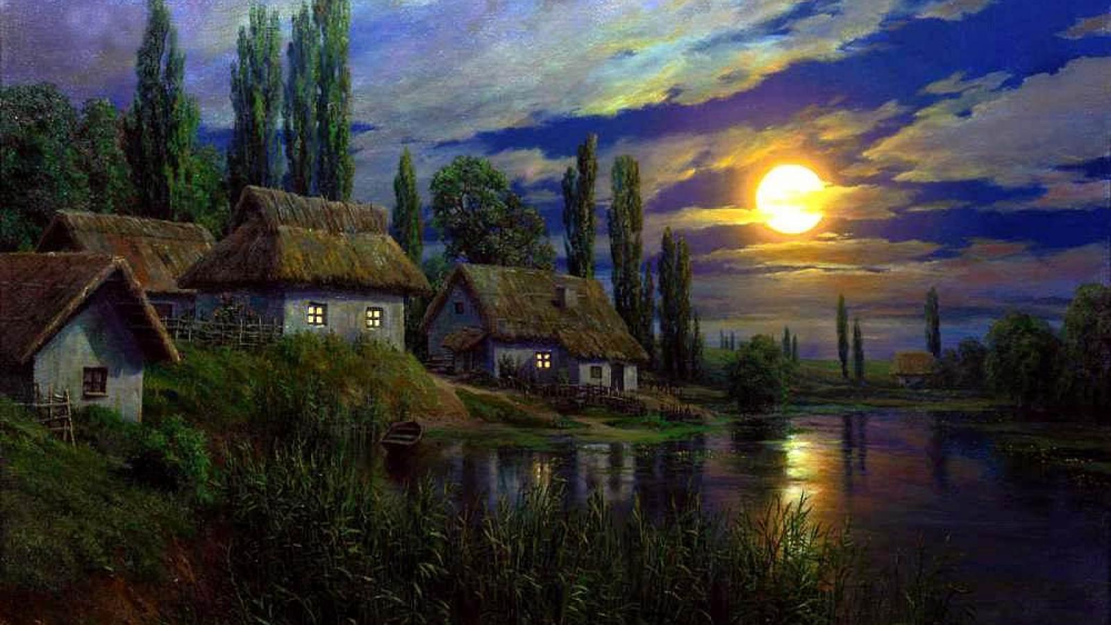 Download mobile wallpaper Moon, Tree, House, Village, Painting, Artistic for free.