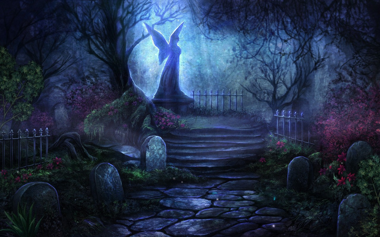 cemetery, fantasy, angel, dark, flower, graveyard, night