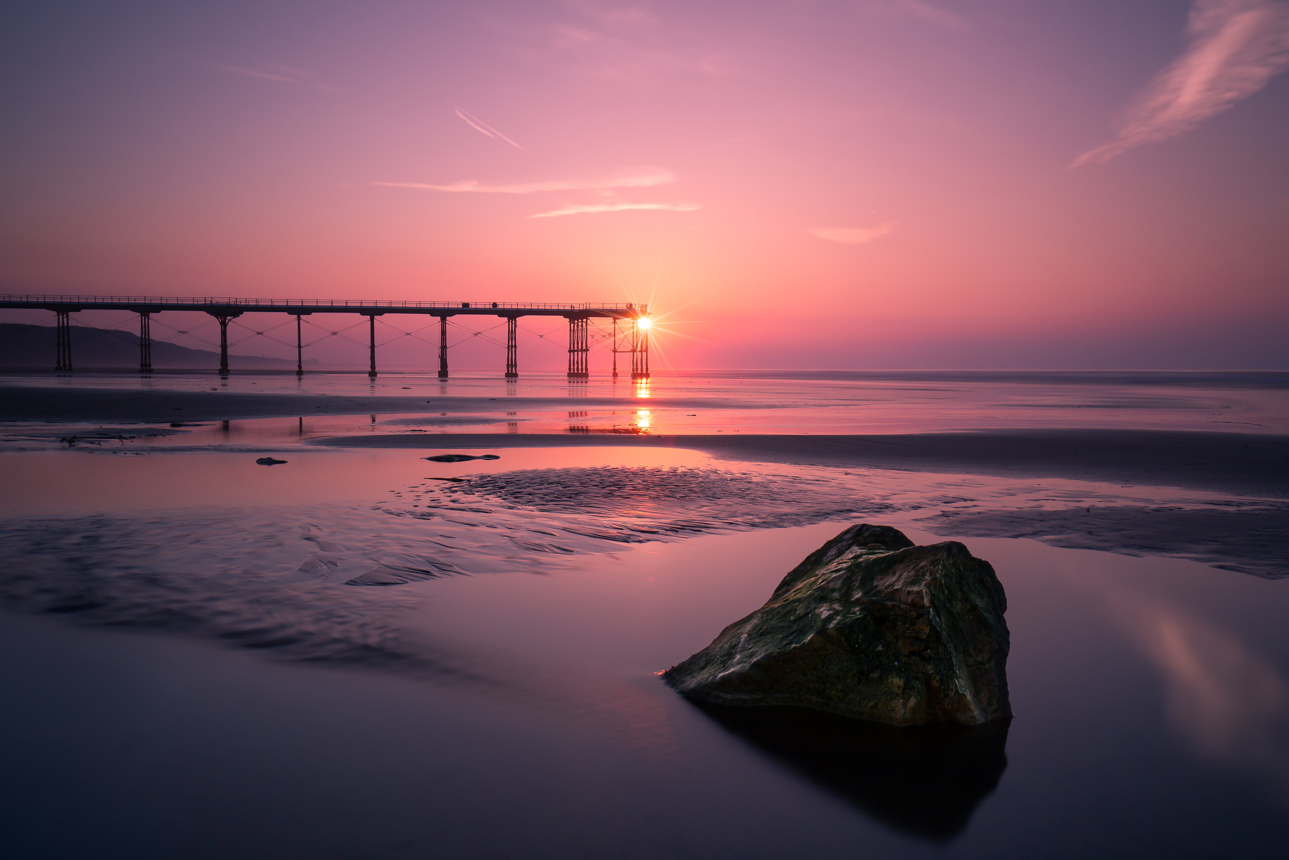 Download mobile wallpaper Sunset, Horizon, Pier, England, Man Made for free.