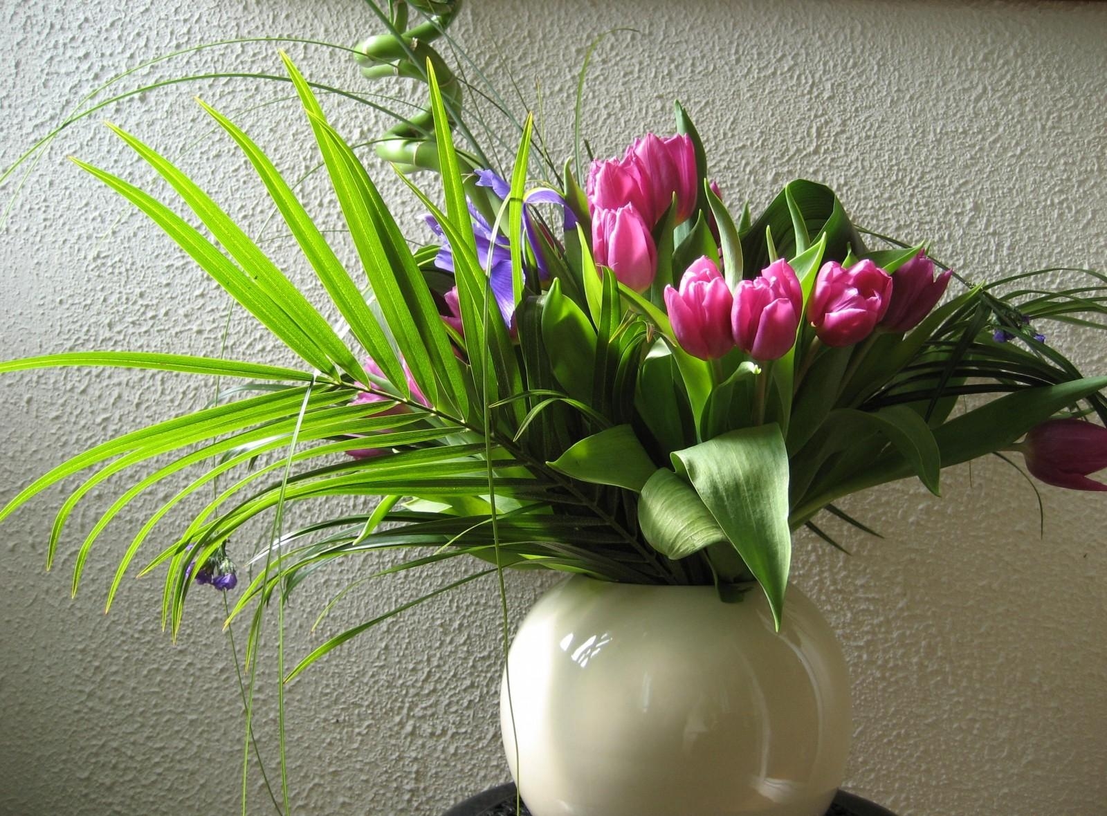 Download mobile wallpaper Bouquet, Greens, Vase, Leaves, Flowers, Wall, Tulips for free.
