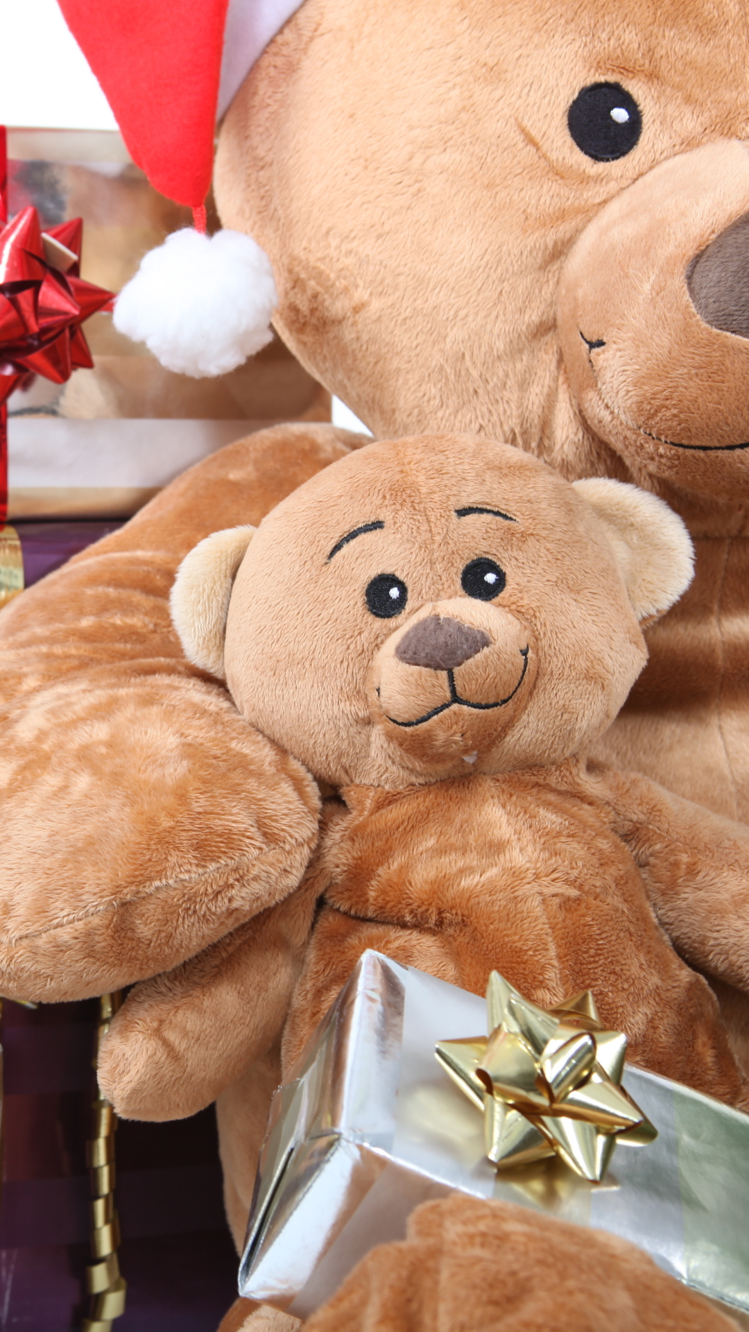 Handy-Wallpaper Feiertage, Weihnachten, Teddybär, Geschenk, Weihnachtsmütze kostenlos herunterladen.