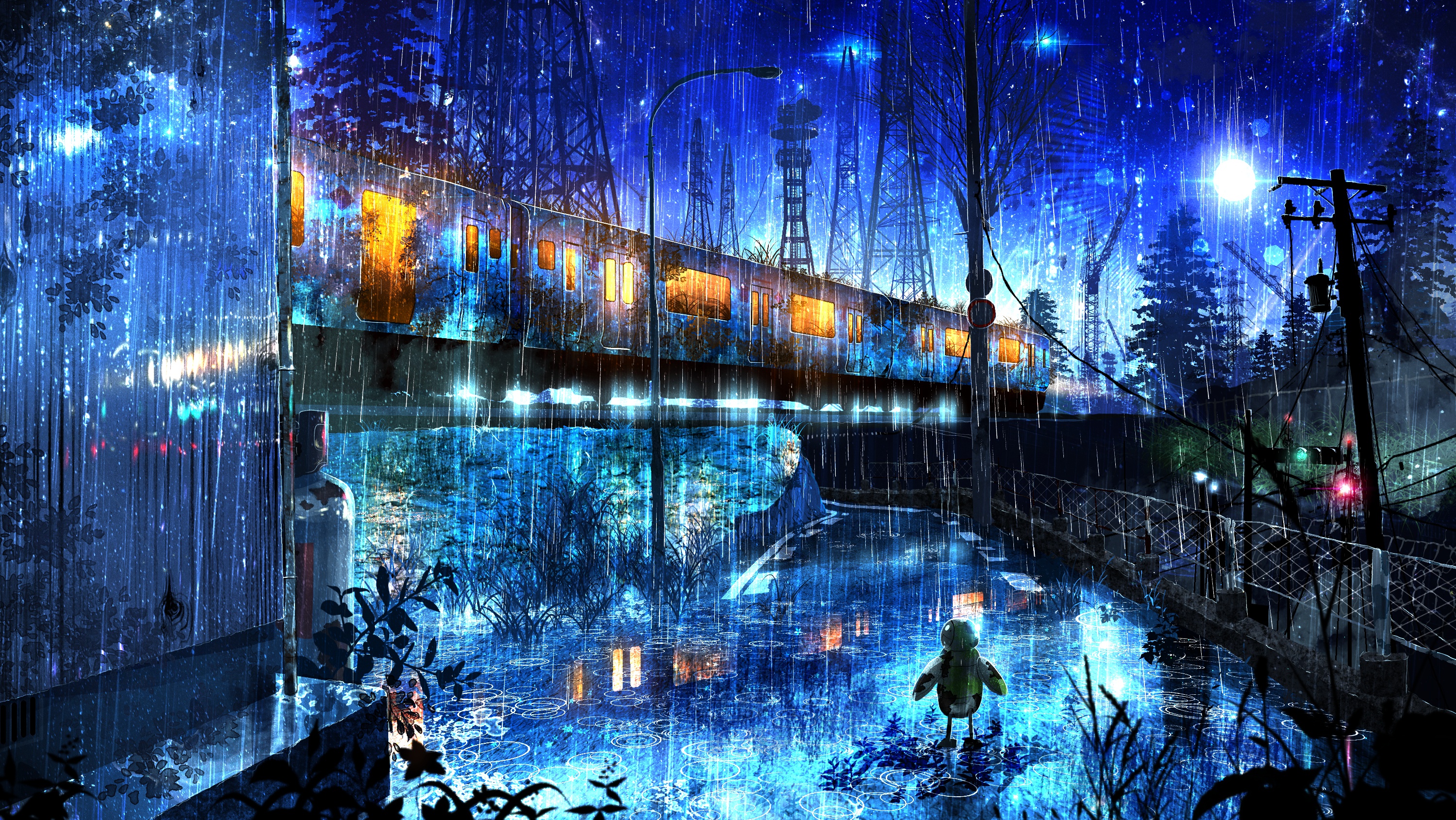 Free download wallpaper Anime, Rain, Night, Robot, Train on your PC desktop