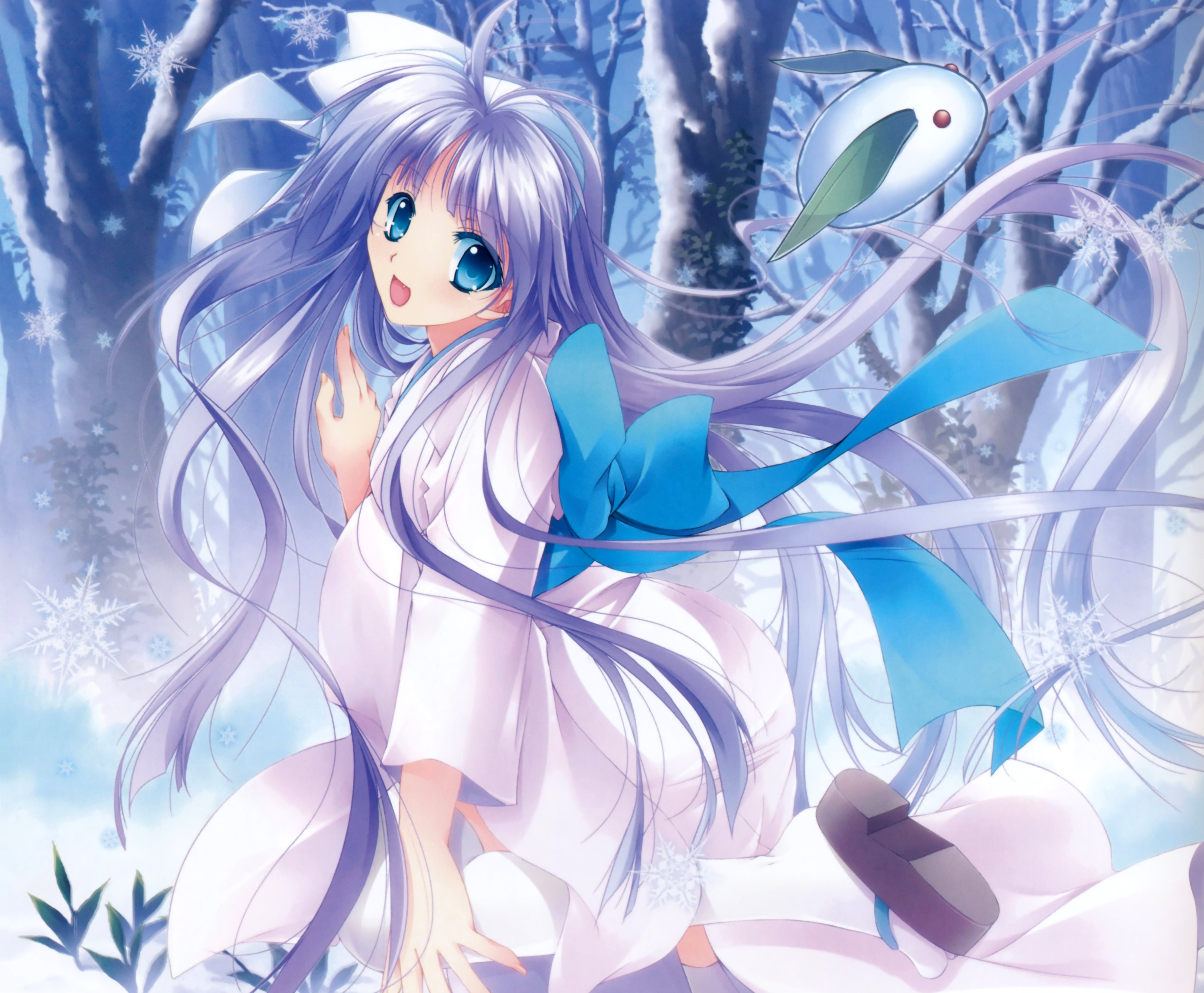 Free download wallpaper Anime, Snow, Smile, Kimono, Blue Eyes, Original, Headband, Blush, Long Hair, Bow (Clothing), Grey Hair on your PC desktop