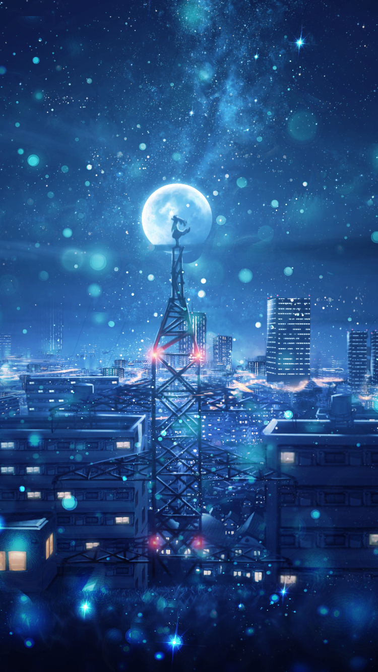 Download mobile wallpaper Anime, Sky, Night, Moon, City, Light, Snowfall, Tokyo Tower for free.