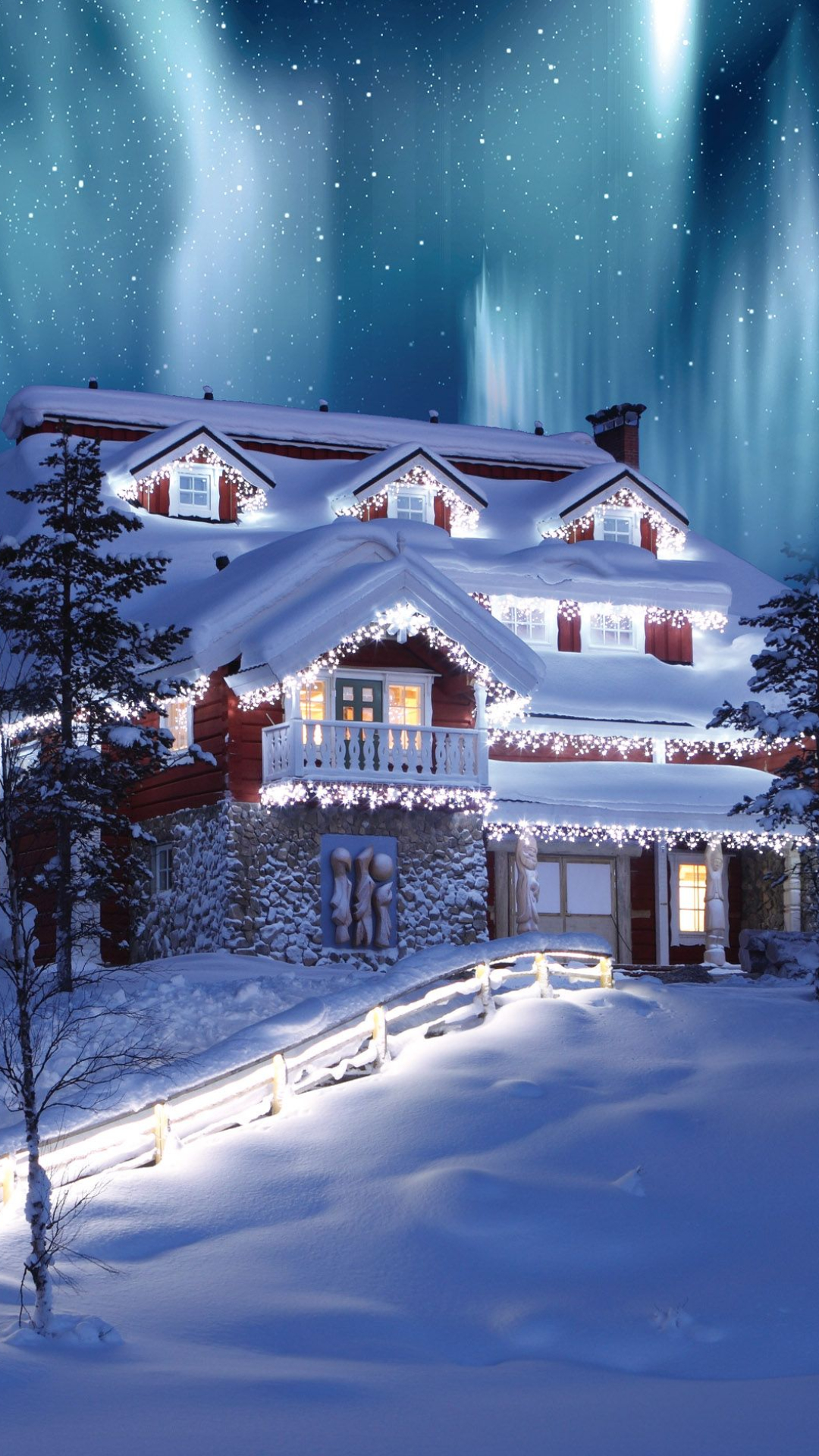 Download mobile wallpaper Winter, Light, Christmas, Holiday, House, Aurora Borealis, Photography, Mansion for free.