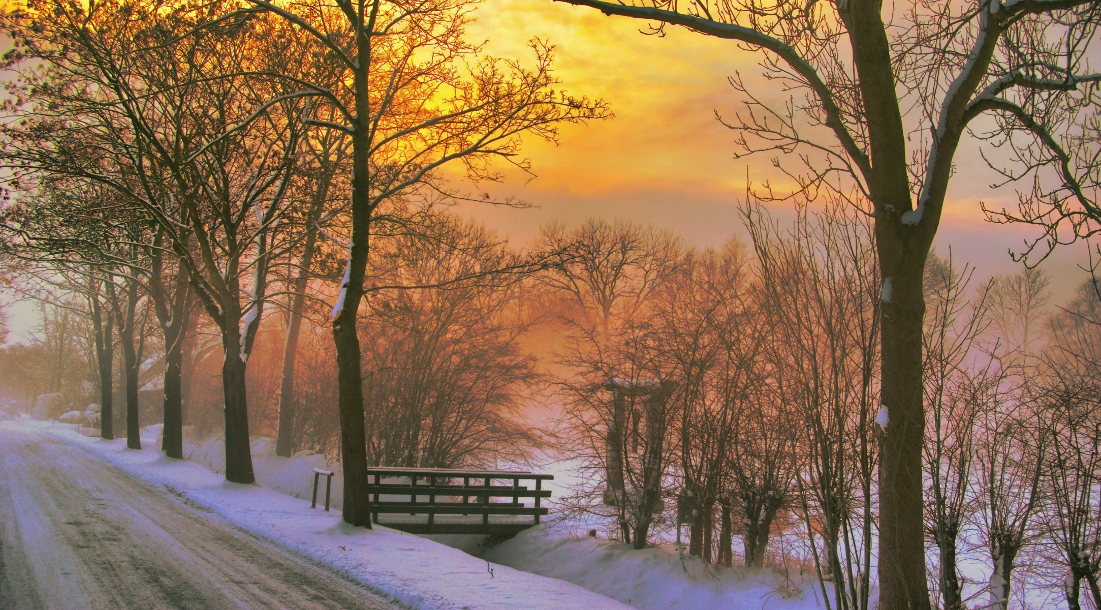 Free download wallpaper Winter, Sunset, Snow, Road, Tree, Earth, Photography on your PC desktop