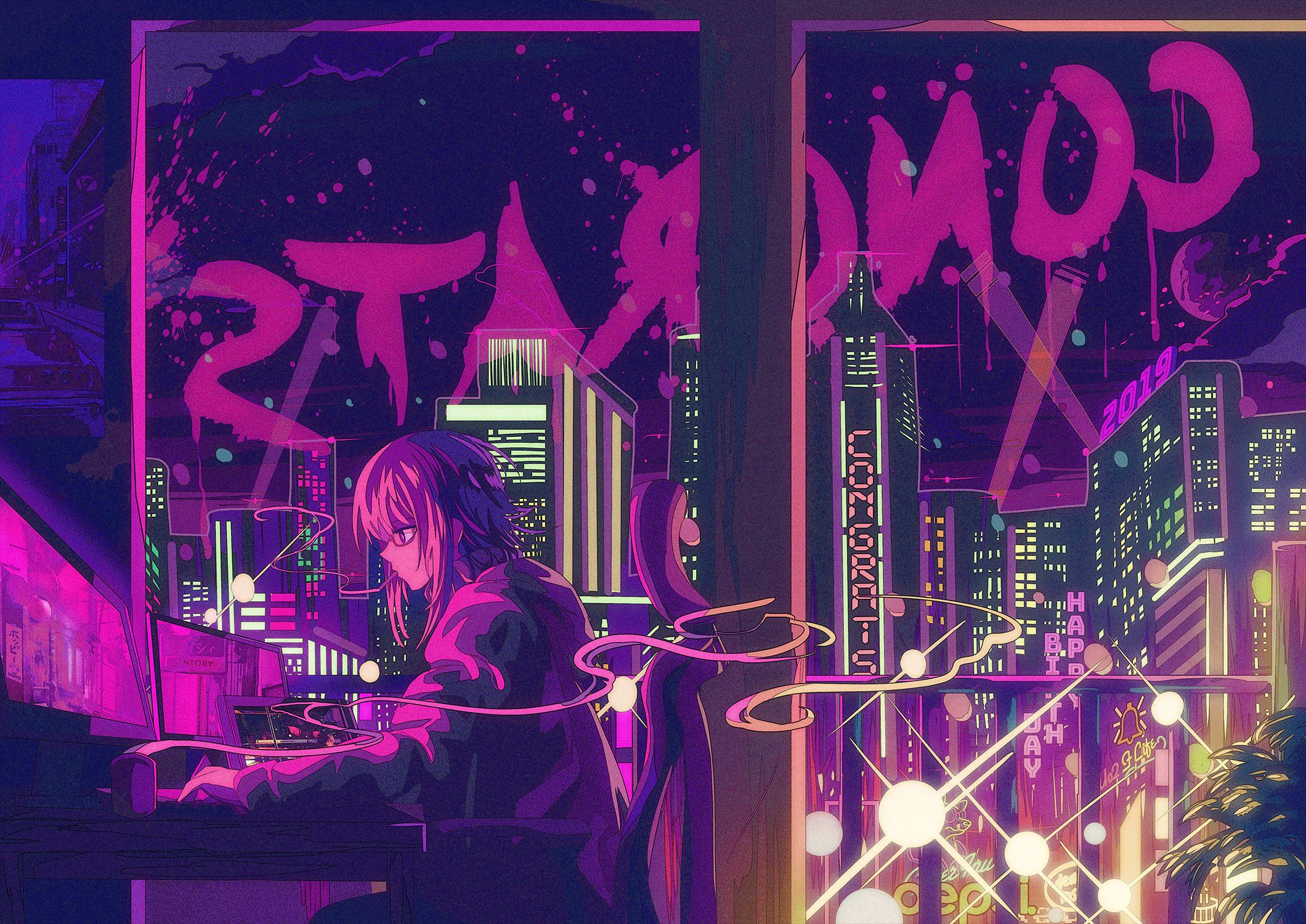 Free download wallpaper Anime, City, Hoodie, Glasses, Computer, Original, Pink Hair, Short Hair, Cigarette on your PC desktop